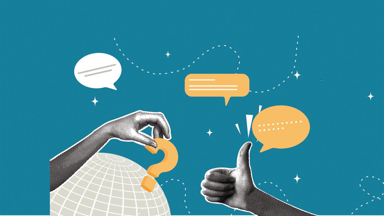Diskussion Grafik, die Diskussion symbolisiert mit stilisierter Weltkugel, Fragezeichen und Sprechblasen