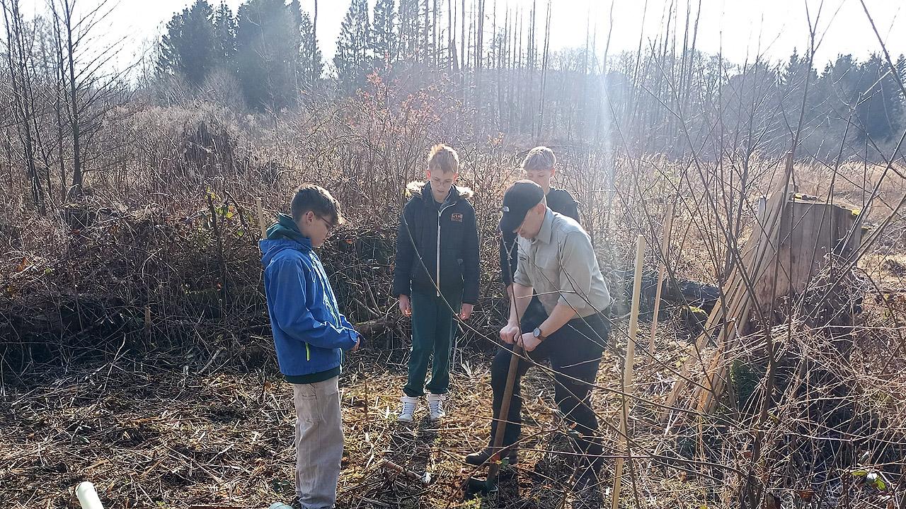 Wiederaufforstung Jungen graben ein Loch und setzen einen Baum ein
