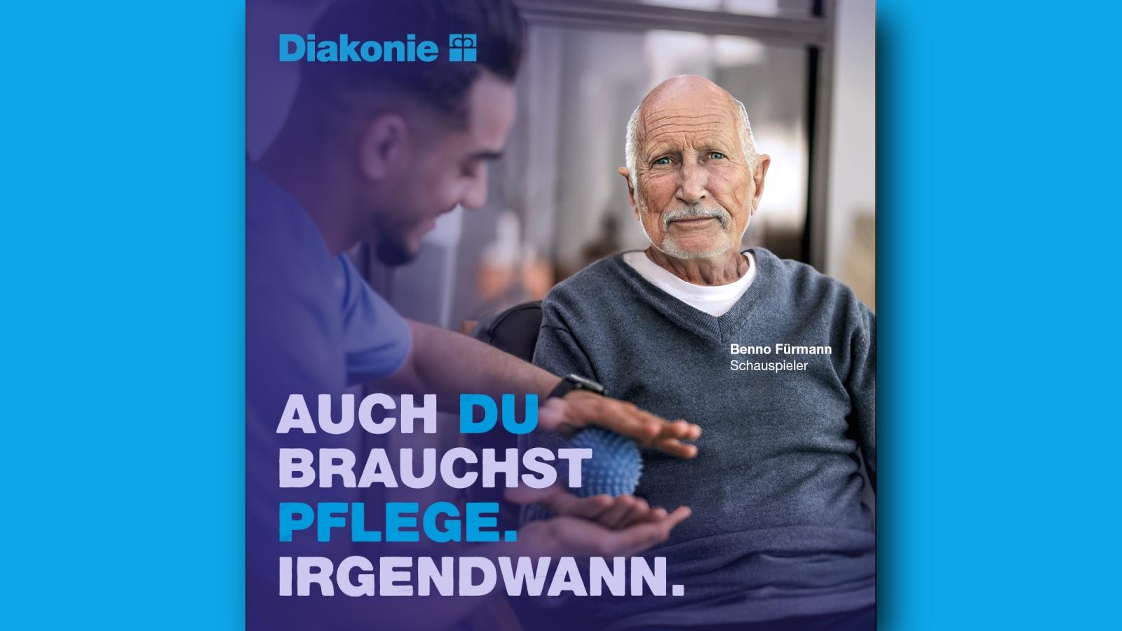Diakonie Pflegekampagne 2024 Benno Fuermann Benno Führmann mittels KI gealtert im Rollstuhl