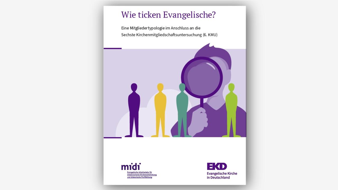 Cover Broschüre Mitgliedertypologie EKD 2025 Zeichnung verschiedenfarbige Personen, jemand schaut durch eine Lupe
