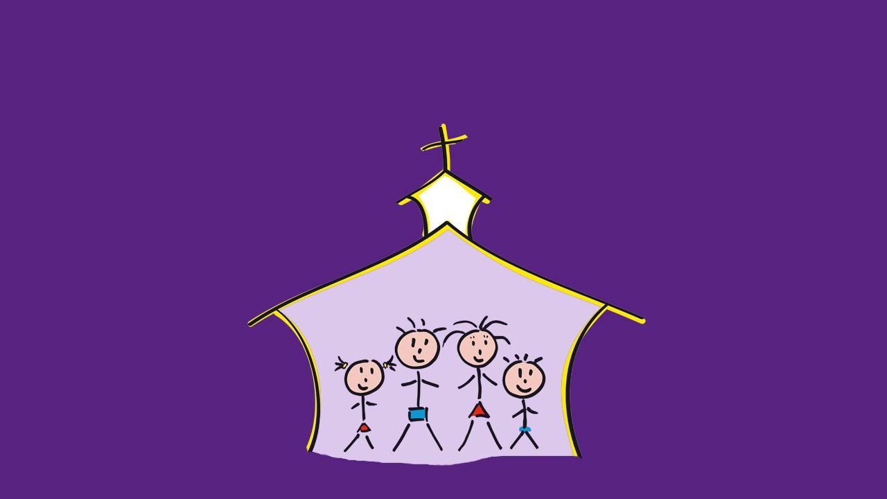 Familiengottesdienst Gezeichnete Kirche mit Familienmitgliedern in Strichmännchenform