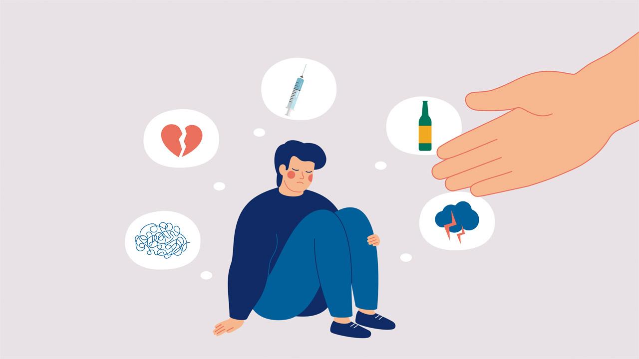 Hilfe bei Suchterkrankung Grafik: Mann sitzt, um ihn herum Gedankenblasen mit zerbrochenem Herz, Spritze, Alkoholflasche, einer Gewitterwolke und einem verwirrenden Faden-Knäul