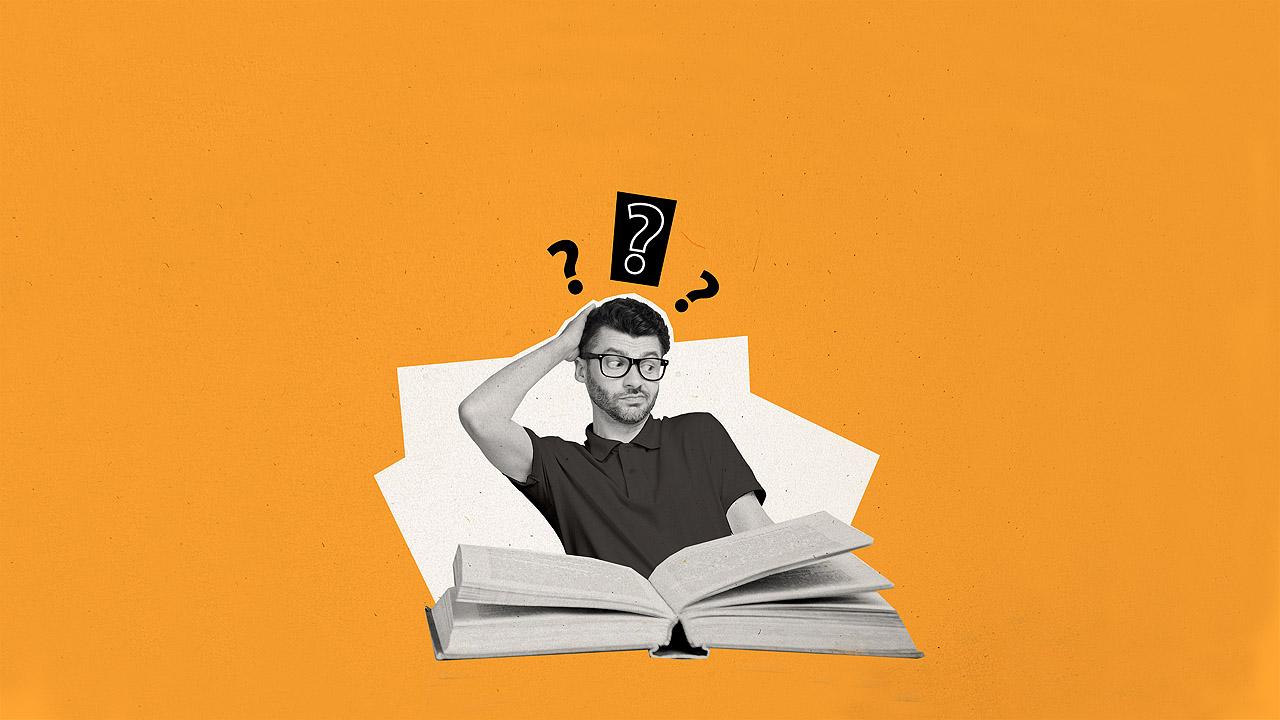 Glaubenszweifel Ein zweifelnder Mann sitzt über einem dicken Buch