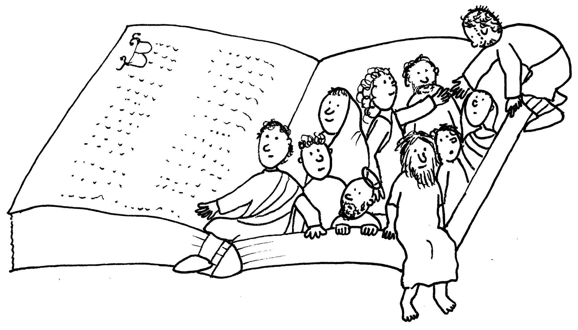 Familie in der Bibel In einer schwarz-weiß-Zeichnung klettern Menschen verschiedenen Geschlechtes und Kinder aus der Bibel.