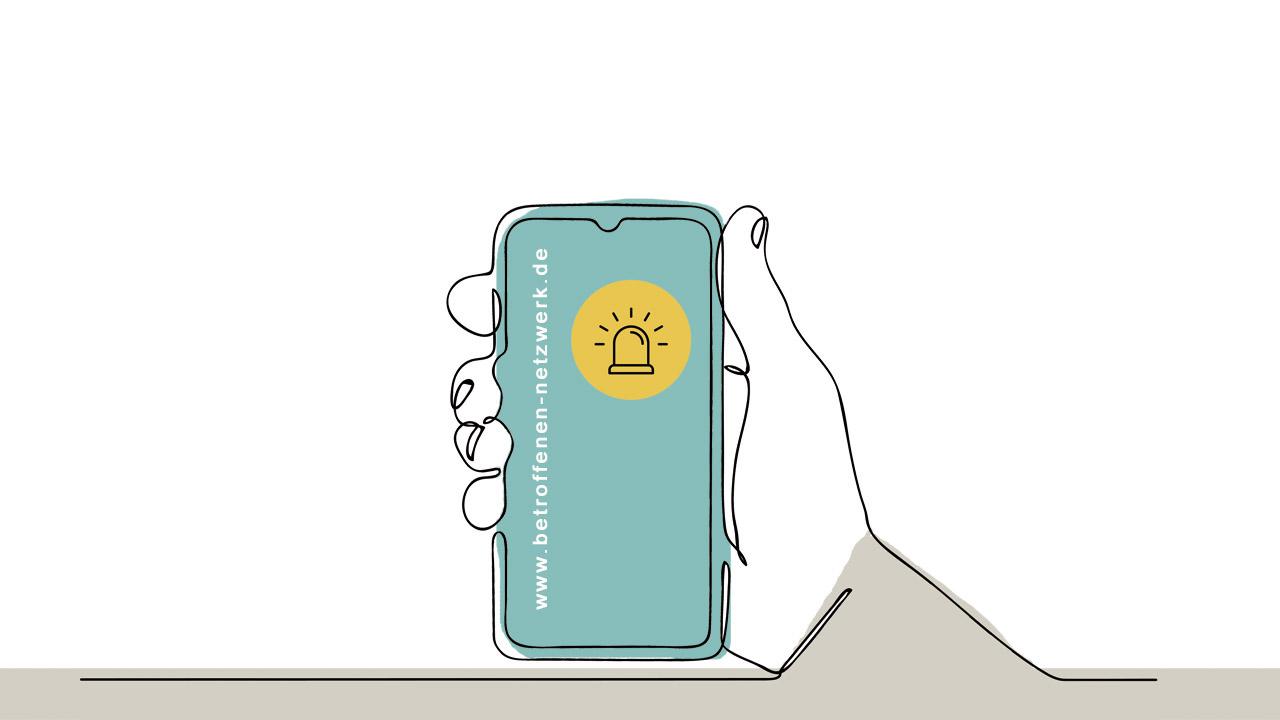 Vernetzungsplattform Ein gezeichnetes Smartphone mit der Webadresse www.betroffenen-netzwerk.de