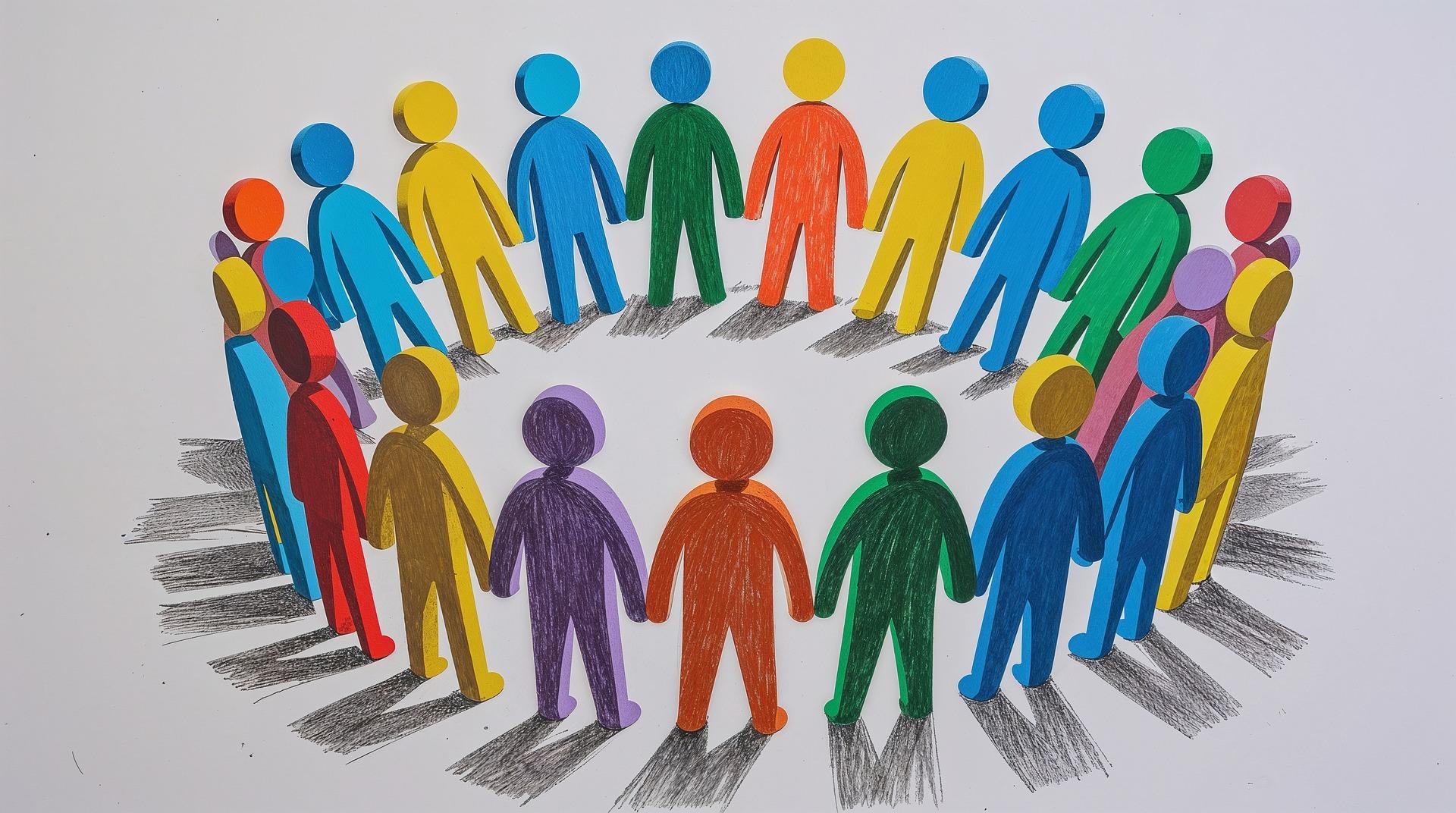 Gemeinschaft Bunte, stilisierte Papierfiguren von Menschen in verschiedenen Farben stehen im Kreis und halten sich an den Händen, symbolisieren Gemeinschaft, Vielfalt und Zusammenhalt auf hellem Hintergrund.