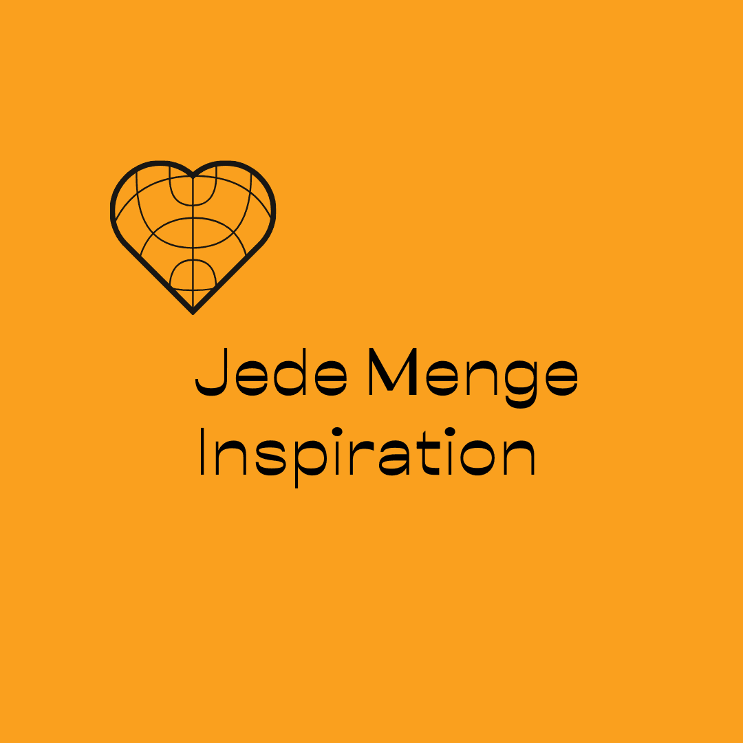 Jede Menge Inspiration Das Bild zeigt eine Grafik von einem Herz auf einem orangen Hintergrund , in dem ein Teil einer Weltkugel integriert ist.