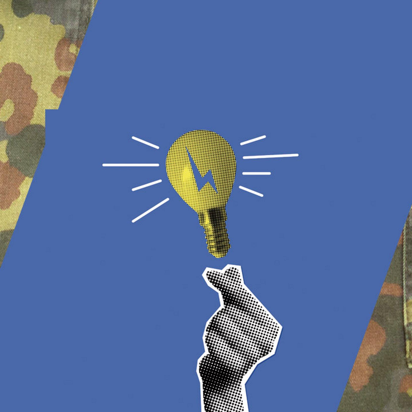 Wehrdienst - Infos Im Hintergrund der Stoff einer Tarnuniform, darüber ein Symbol mit Glühbirne