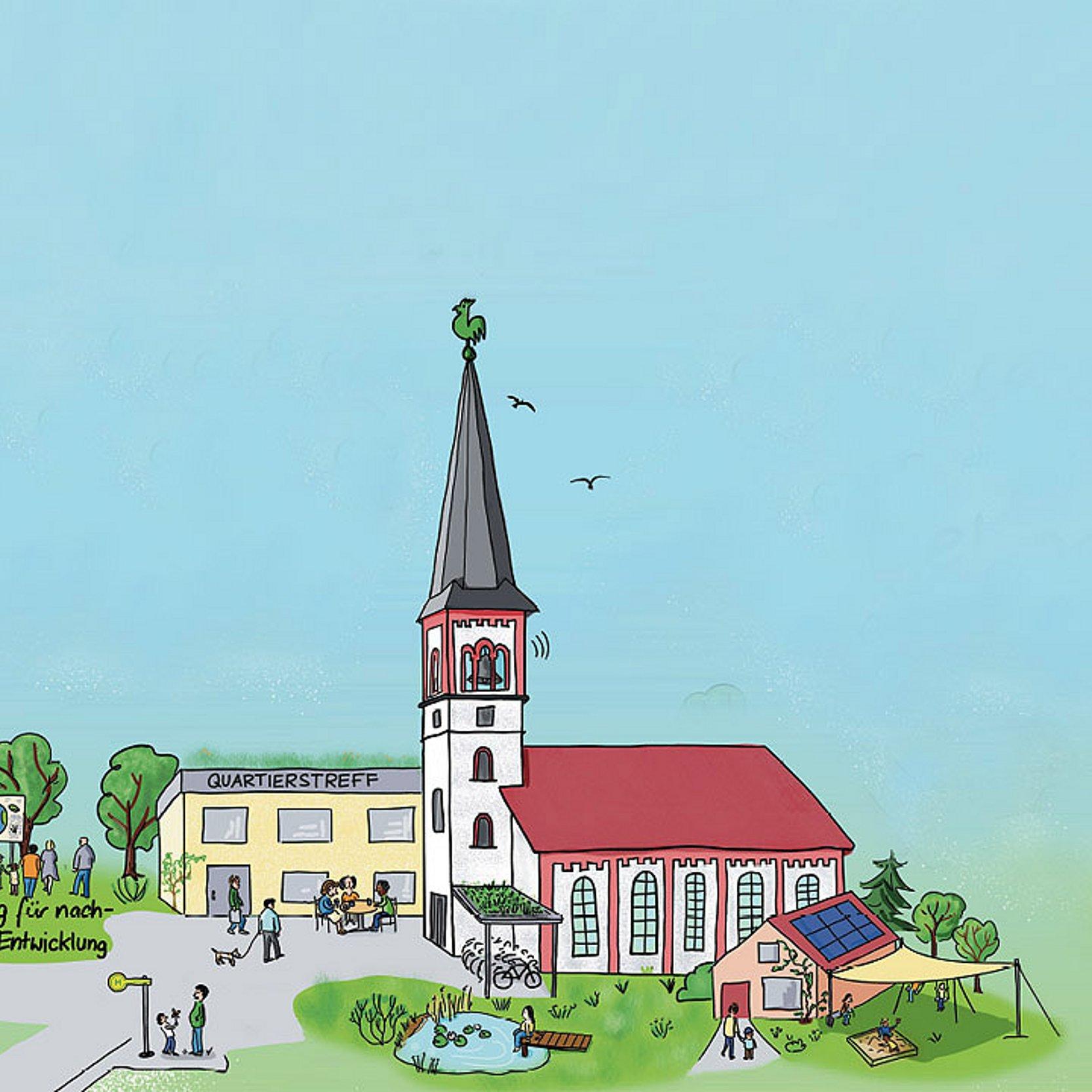 Kirche und Klimaschutz Zeichnung einer Kirche auf einer Wiese