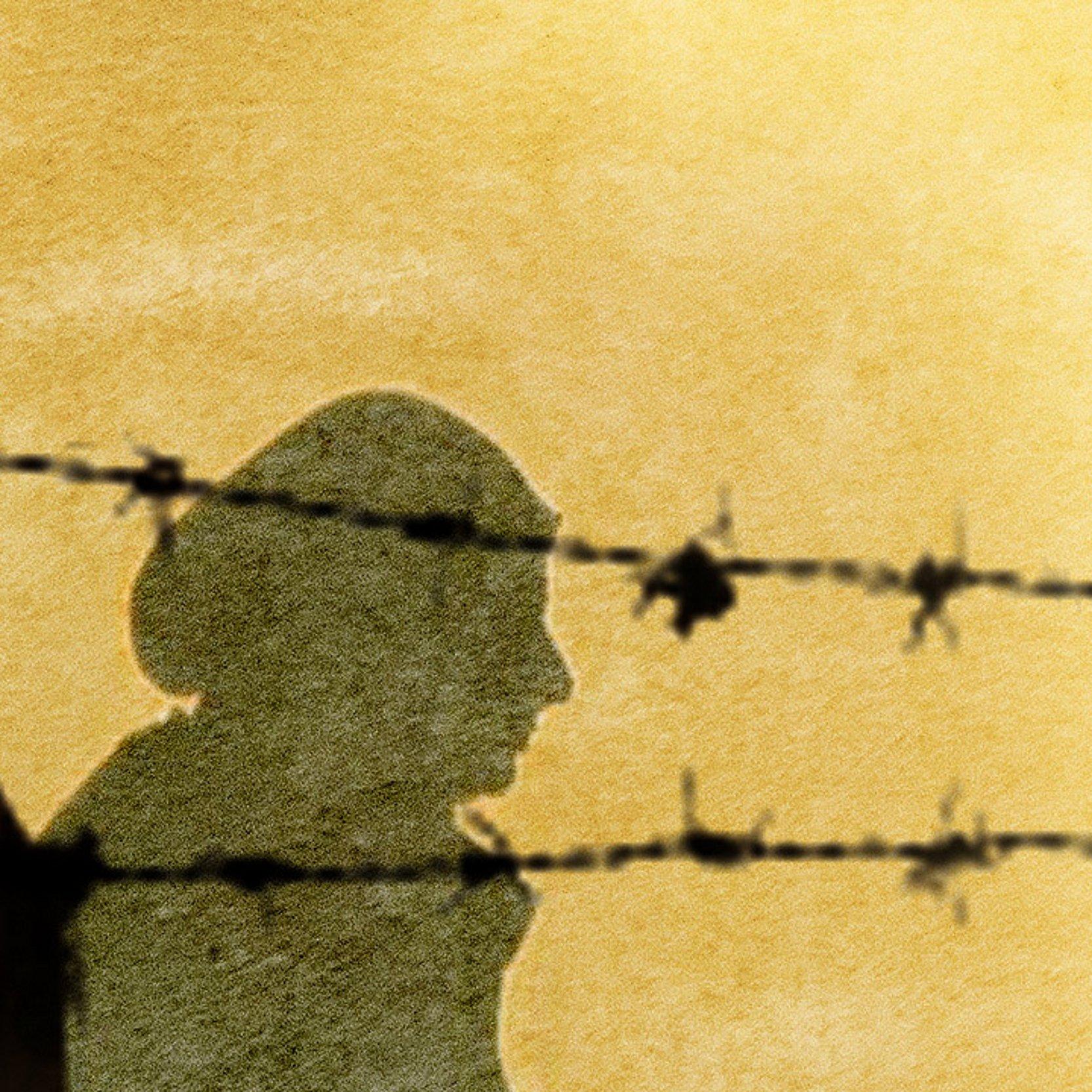 Flüchtling Stacheldraht und Silhouette einer Frau