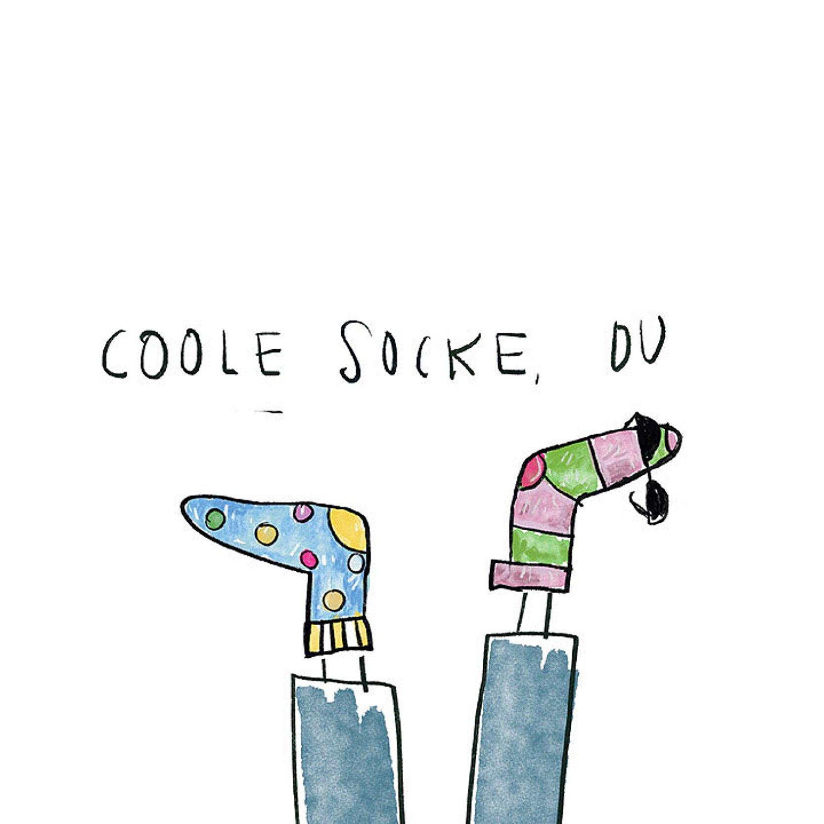 Motiv Coole Socke Aquarellzeichnung mit bunten Socken an den Füßen, die nach oben zeigen