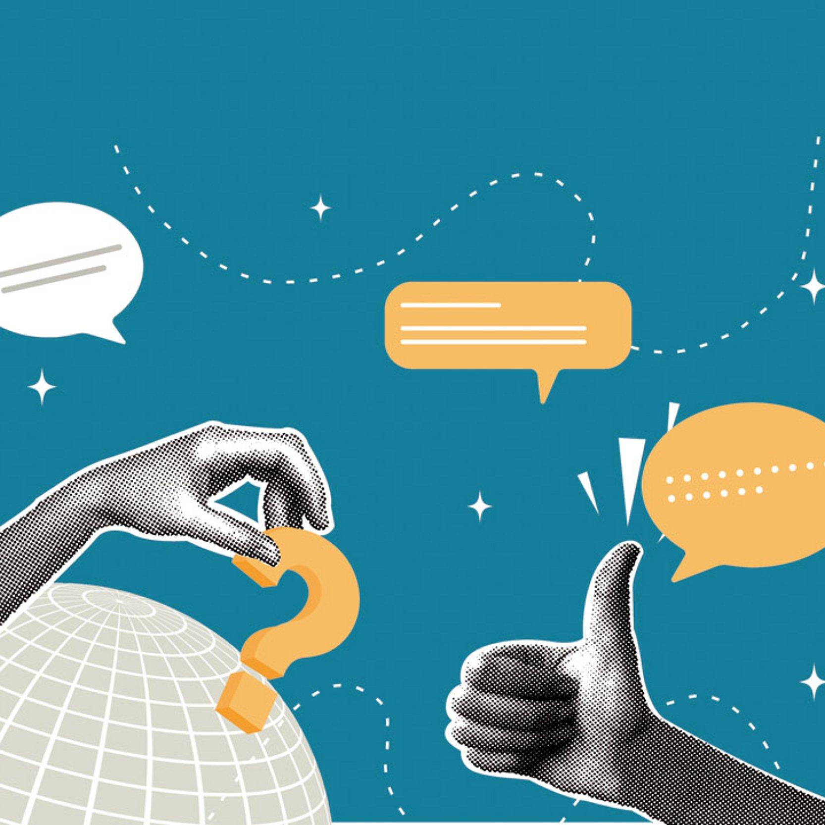 Diskussion Grafik, die Diskussion symbolisiert mit stilisierter Weltkugel, Fragezeichen und Sprechblasen