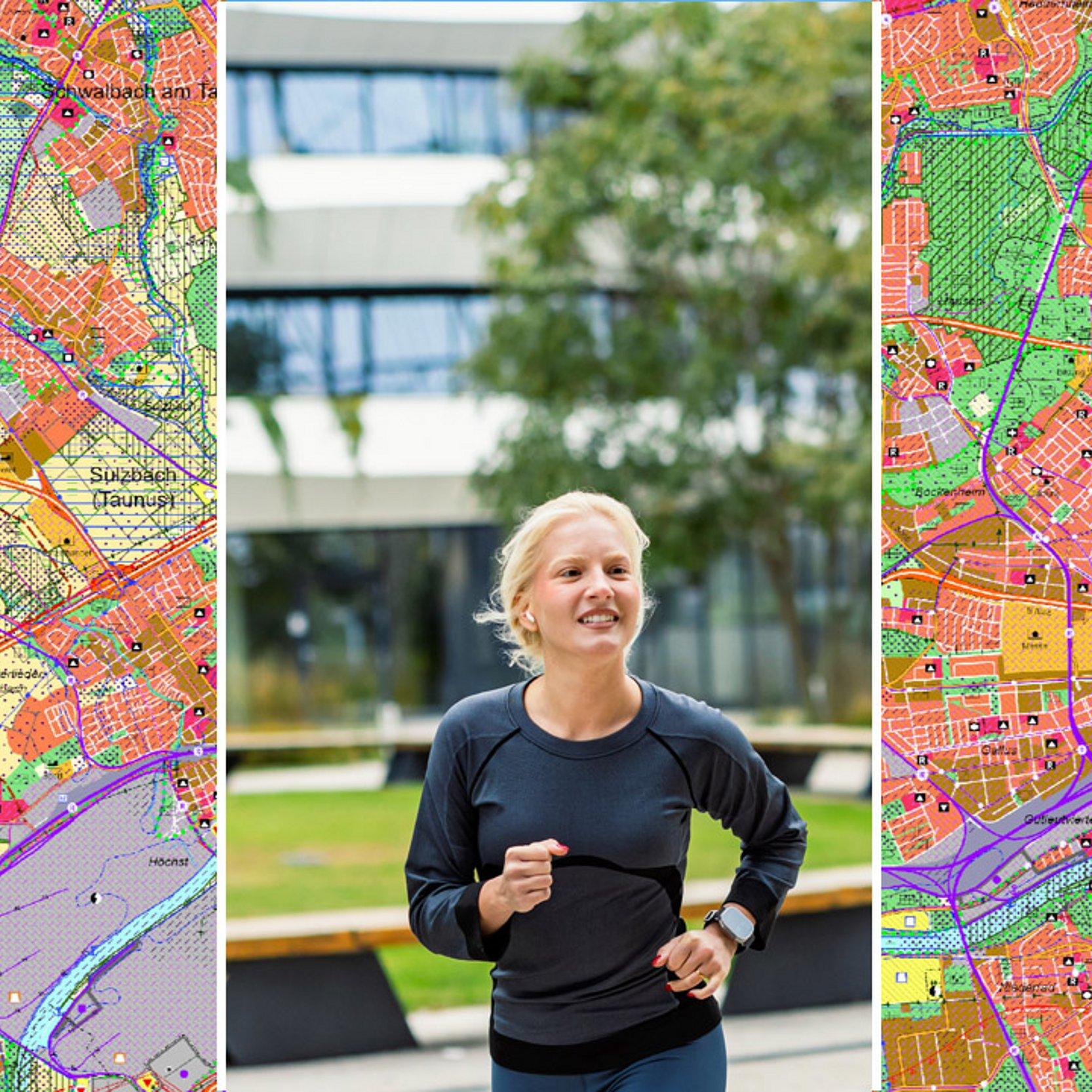 Regionalplan Südhessen Joggende Frau in einer städtischen Umgebung, auch Bäume sind zu sehen