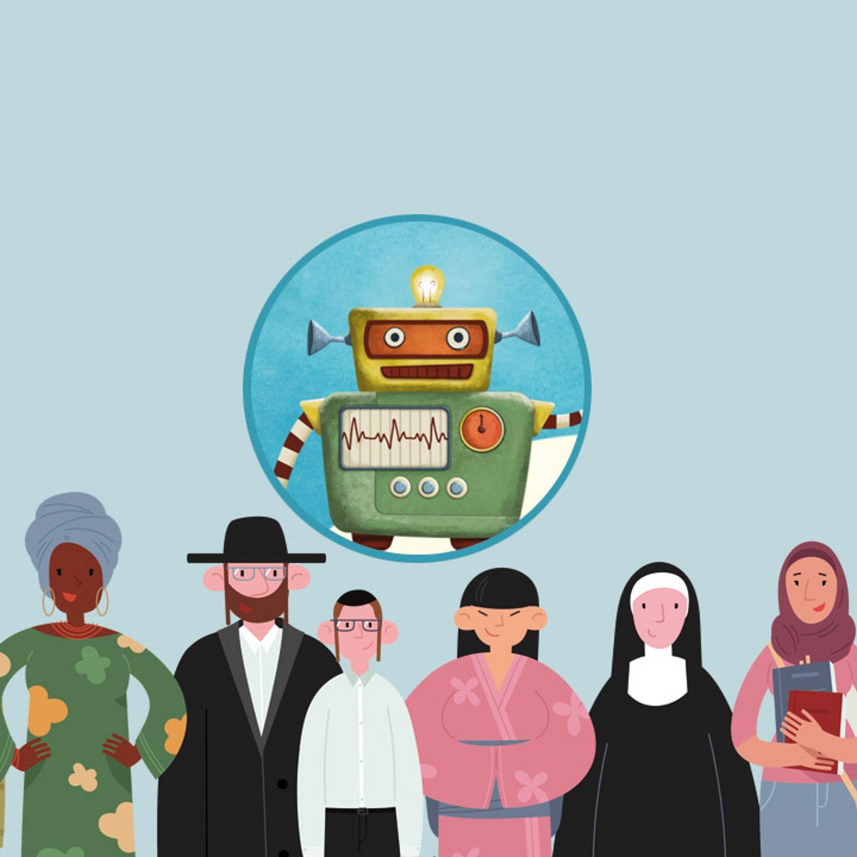 Weltreligionen Mehrere Menschen unterschiedlichlicher Religionen stehen nebeneinander, darüber ein gezeichneter Roboter
