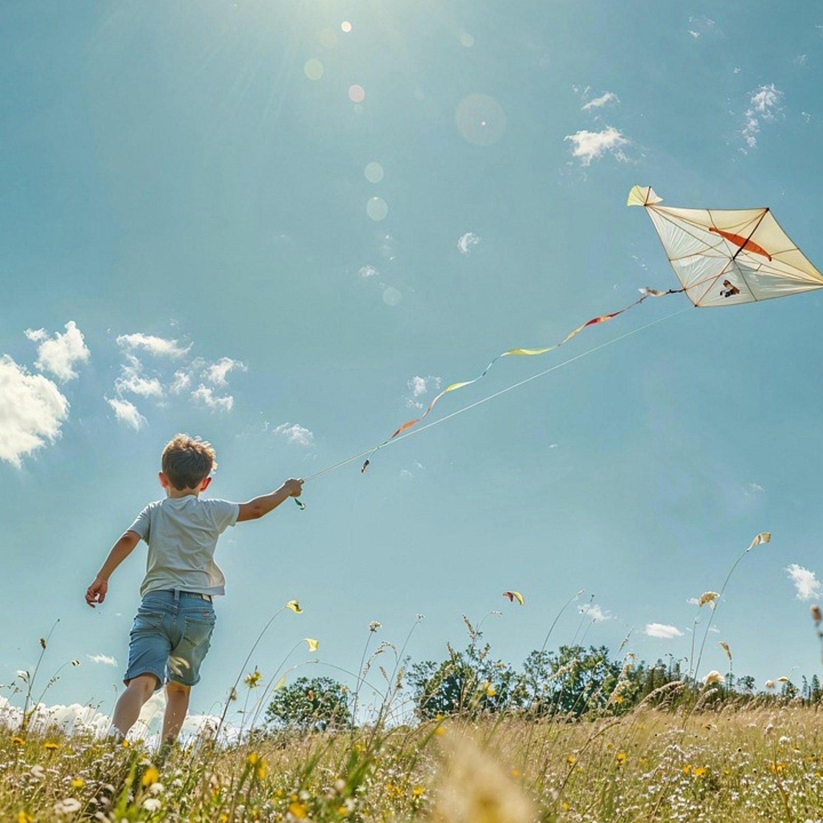 Kind mit Drachen Ein Kind lässt auf einer Sommerwiese einen Drachen steigen.