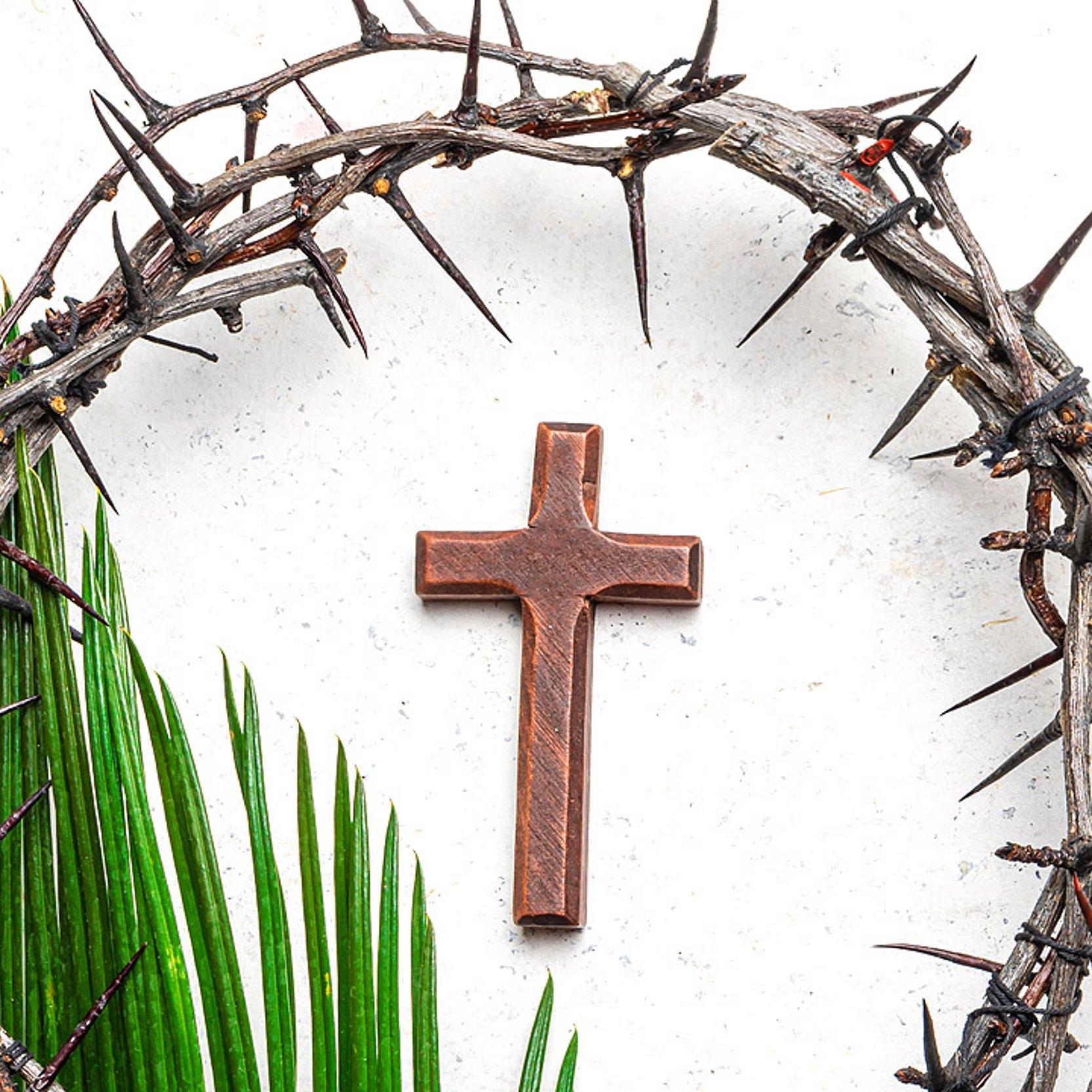 Karwoche Dornenkrone mit Palmwedel und Holzkreuz
