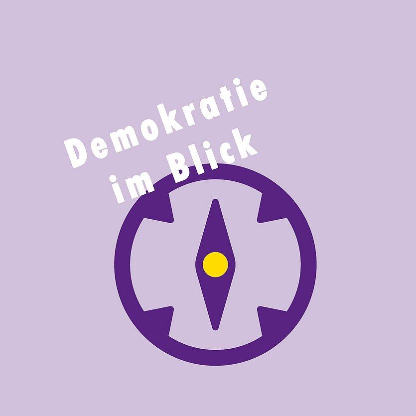 Demokratie stärken Grafik mit Kompass und Worte: Demokratie im Blick