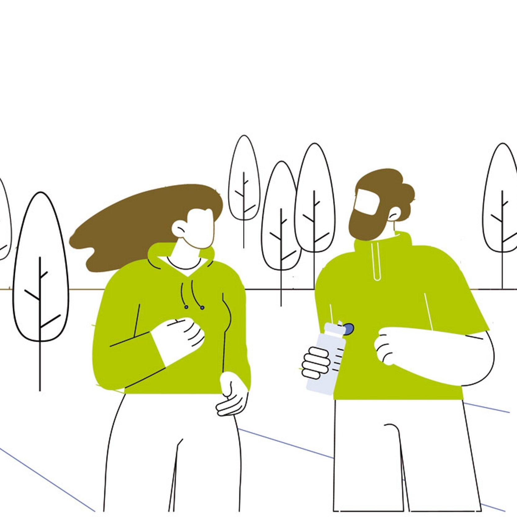 Joggen Grafik: Eine Joggerin und ein Jogger laufen durch eine Parklandschaft
