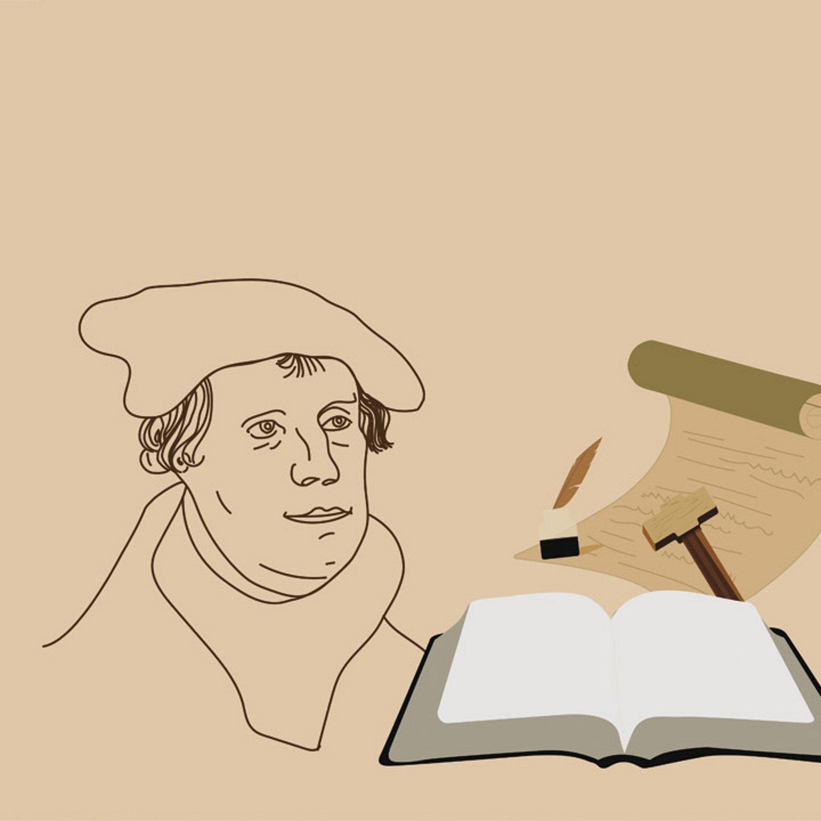 Martin Luther und die Reformation Grafik mit Lutherportrait, einem Buch, einem Pergament und einer Schreibfeder