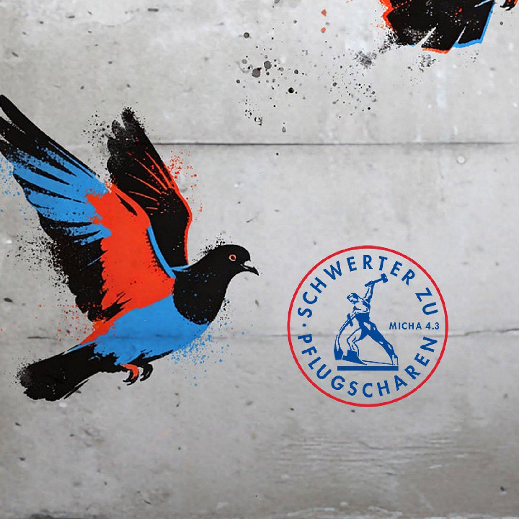 FriedensDekade Gitterstäbe, daneben eine farbige Taube und das Logo