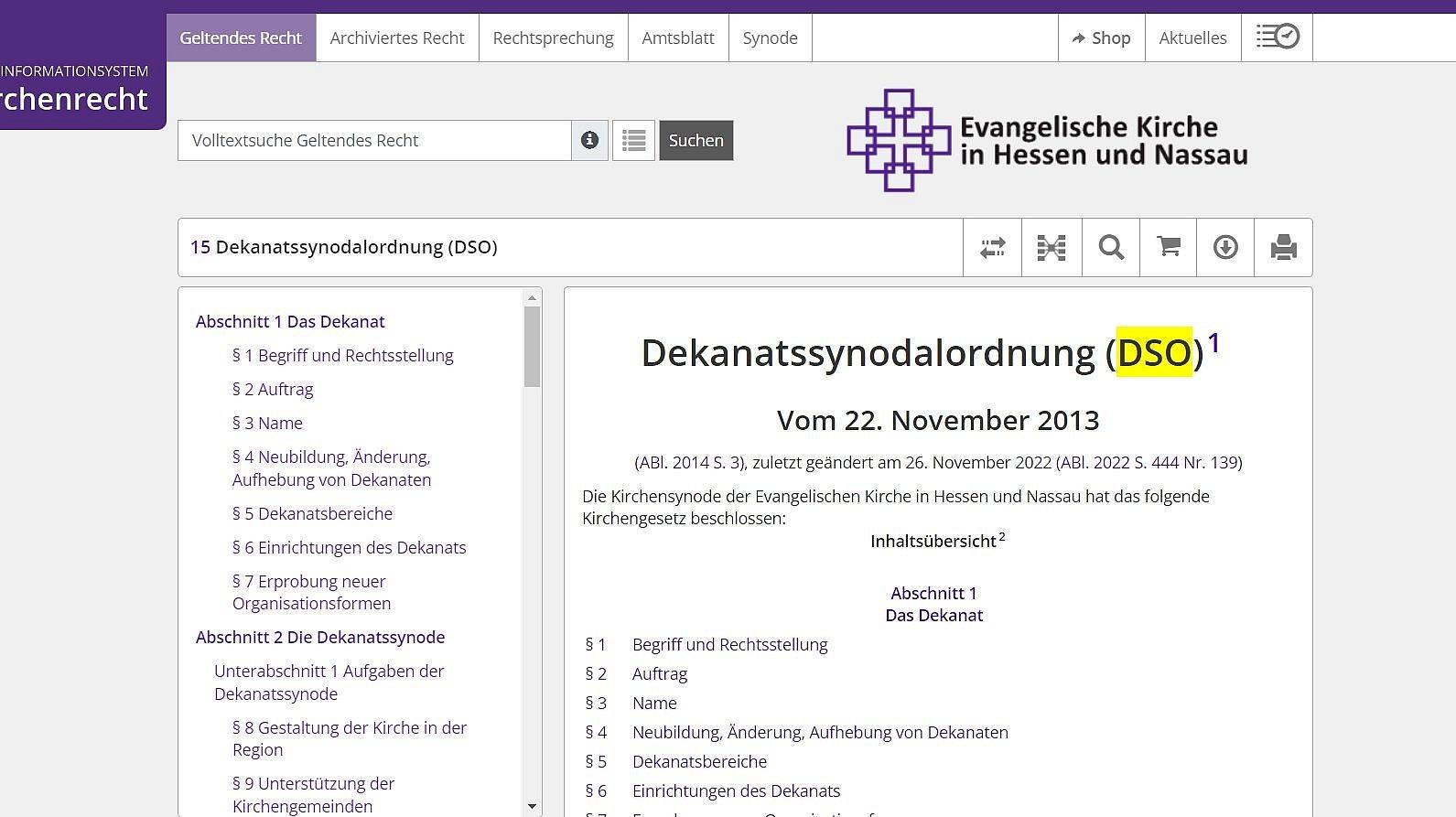 Das Foto zeigt die Internetseite mit der Dekanatssynodalordnung (DSO) der EKHN.