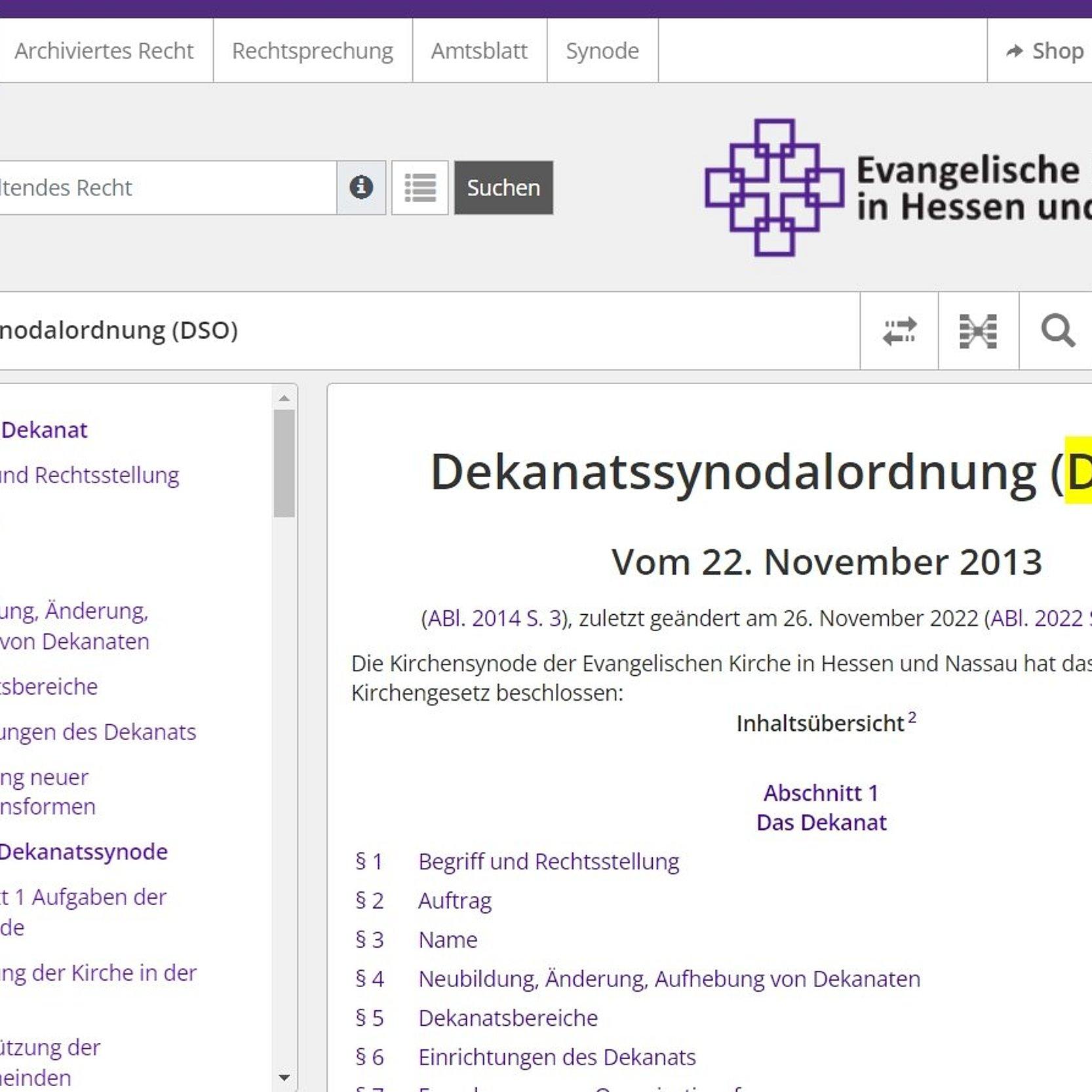 Das Foto zeigt die Internetseite mit der Dekanatssynodalordnung (DSO) der EKHN.