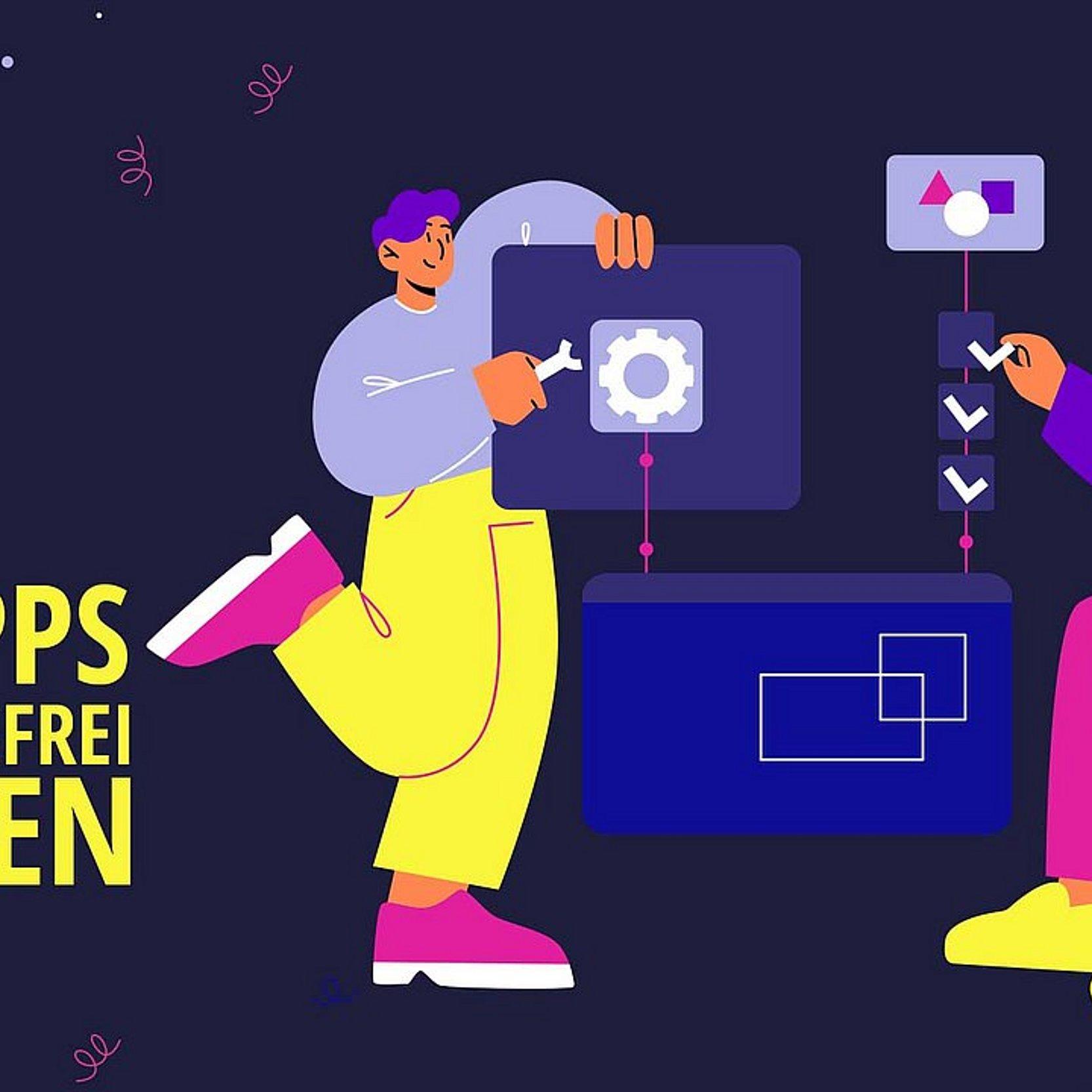 Barrierefrei Posten Grafik: 2 Personen arbeiten an digitalen Inhalten