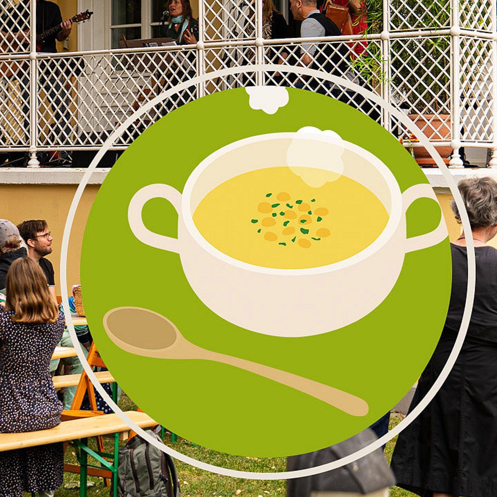 Einheitssuppe Menschen an Bierbänken und stehende Menschen bei Gesprächen, in der Mitte ein Suppen-Symbol