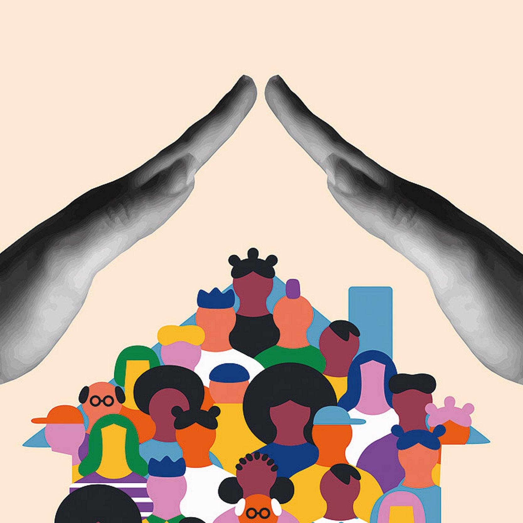 Flüchtlinge Gezeichnete Flüchtlinge in einem Haus, darüber schützende Hände