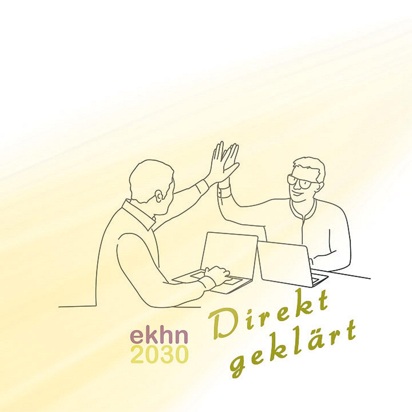 ekhn2030 Direkt geklärt Linienzeichnung mit zwei Menschen am Laptop, die ihre Hände gegeneinander schlagen