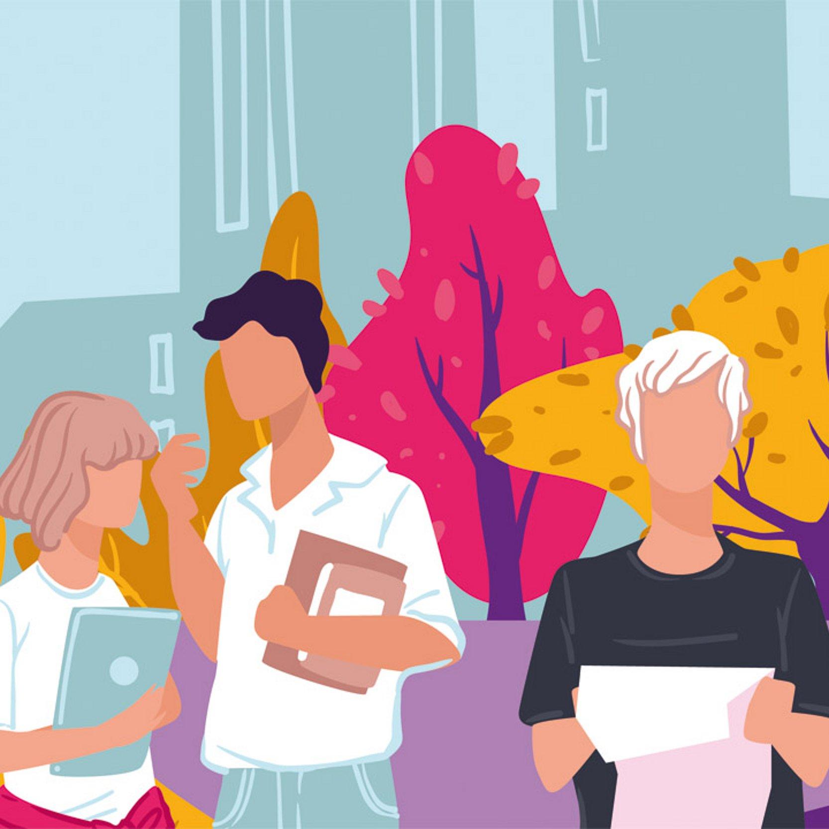 Studierende Grafik mit Studenten im Herbst auf einem Campus