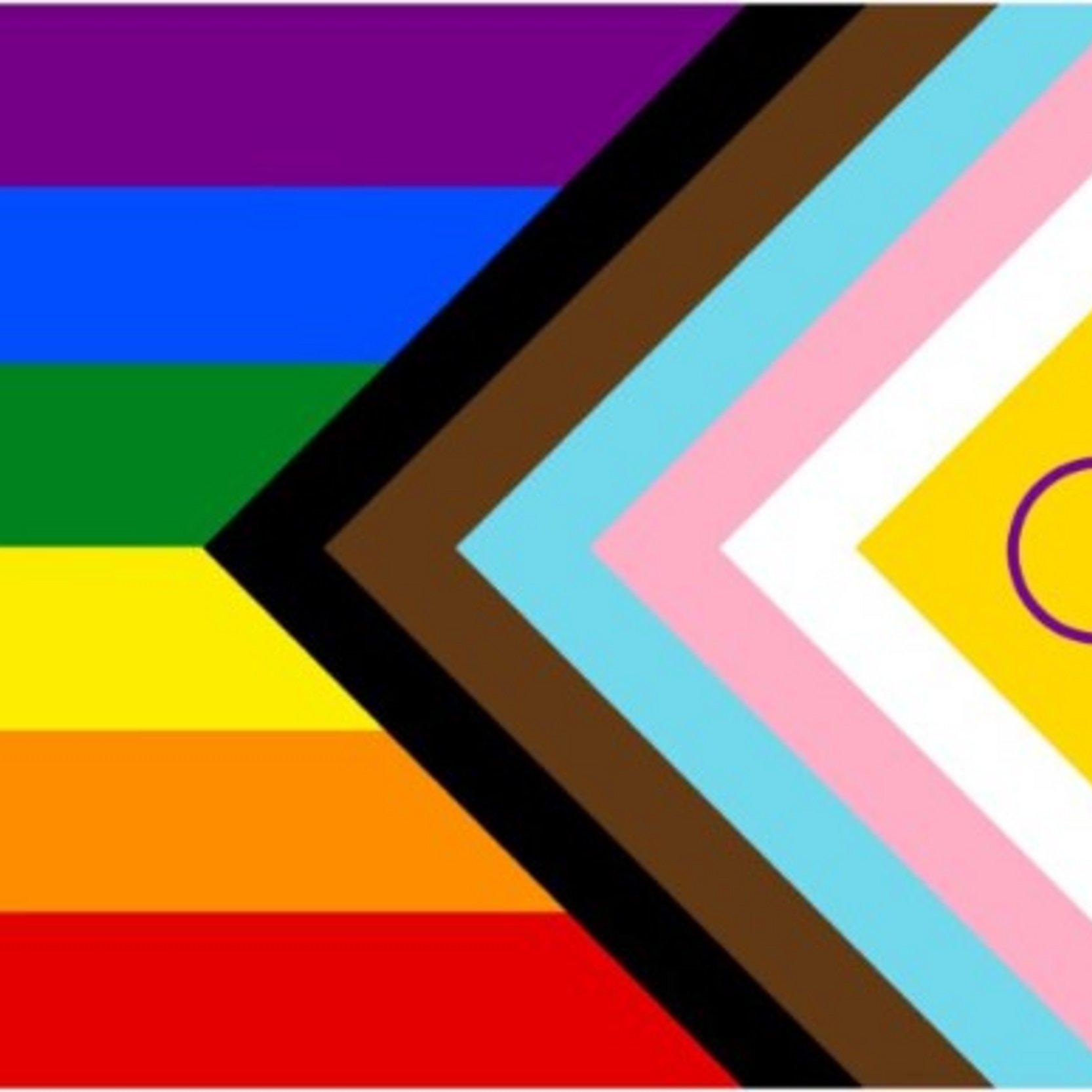 Die LGBT*IQ Fahne hat viel bunte Farben und den Text: Gott liebt queer.