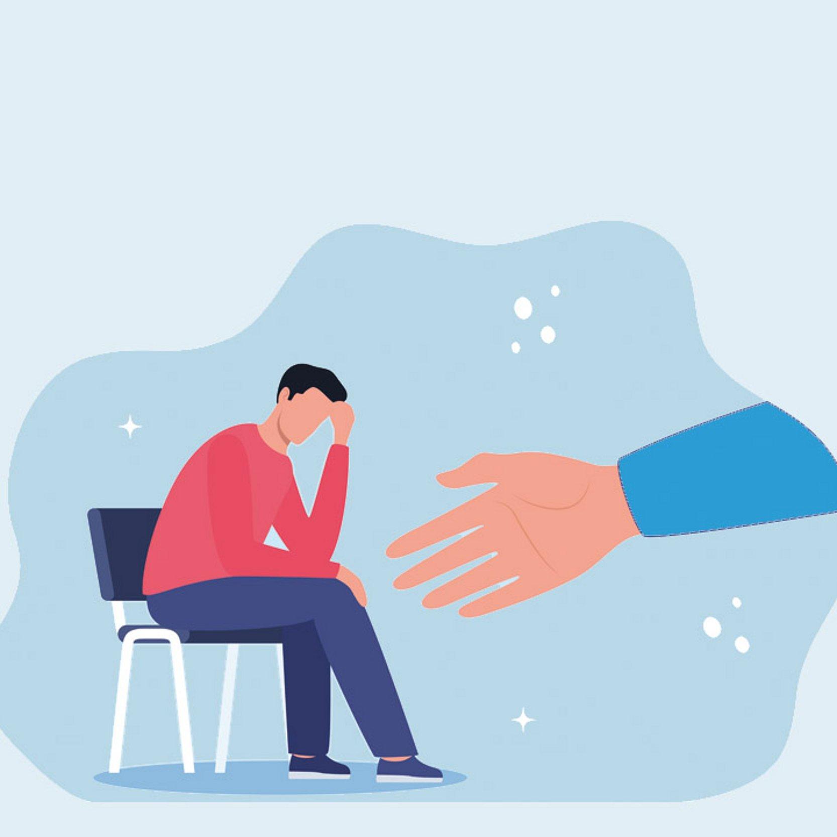 Hilfe bei Einsamkeit Grafik mit traurigem Mann auf einem Stuhl, von rechts kommt einen helfende Hand