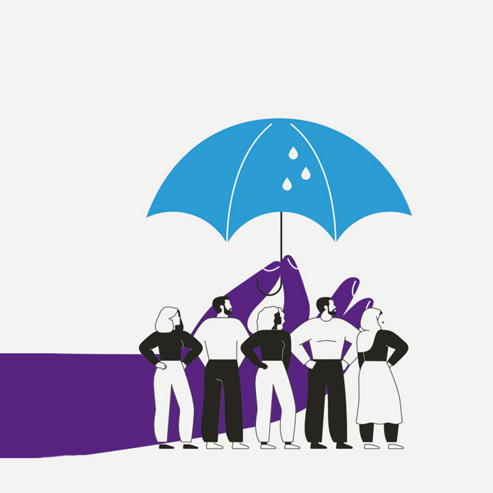 Hilfe der Regionalen Diakonie, Spenden Blauer Regenschirm, der über einige Menschen gespannt ist