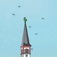Kirche und Klimaschutz Zeichnung eines Kirchturmes mit Himmel und Vögeln