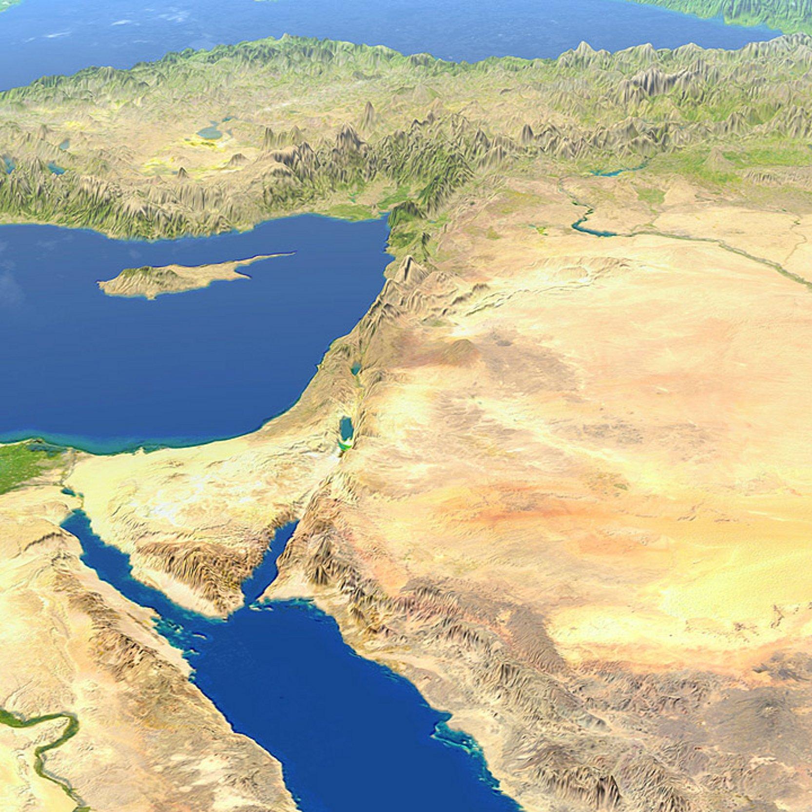 Der Nahe Osten von oben - links das Mittelmeer, rechts eine große trockene Region mit Israel, Palästina, Jordanien und anderen Ländern, oben die gebirgige Türkei und unten das rote Meer und die arabische Halbinsel