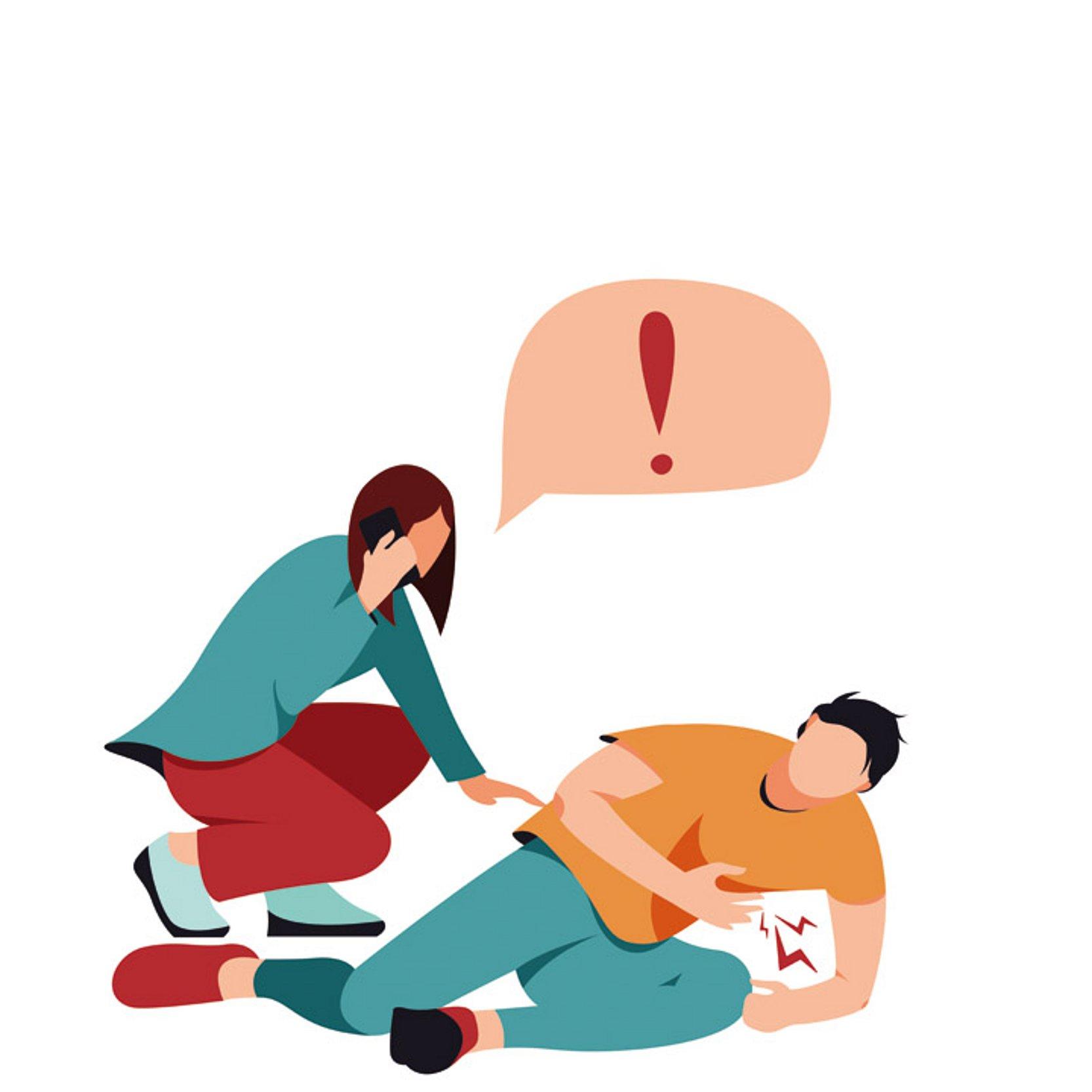 Erste Hilfe Grafik: Eine Frau wendet sich einem verletzten Mann zu