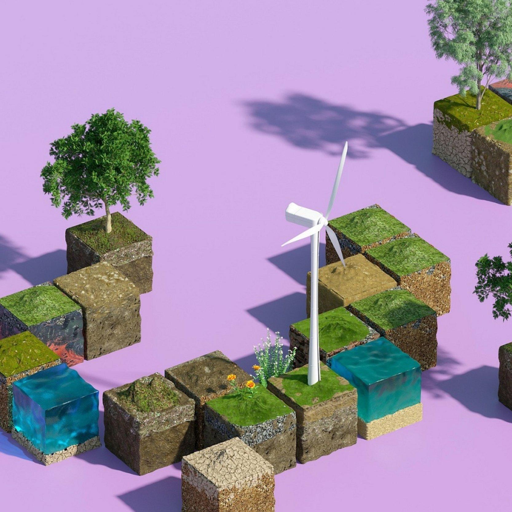 Ökologische Bausteine Bäume, Landschaftsausschnitte und Windräder