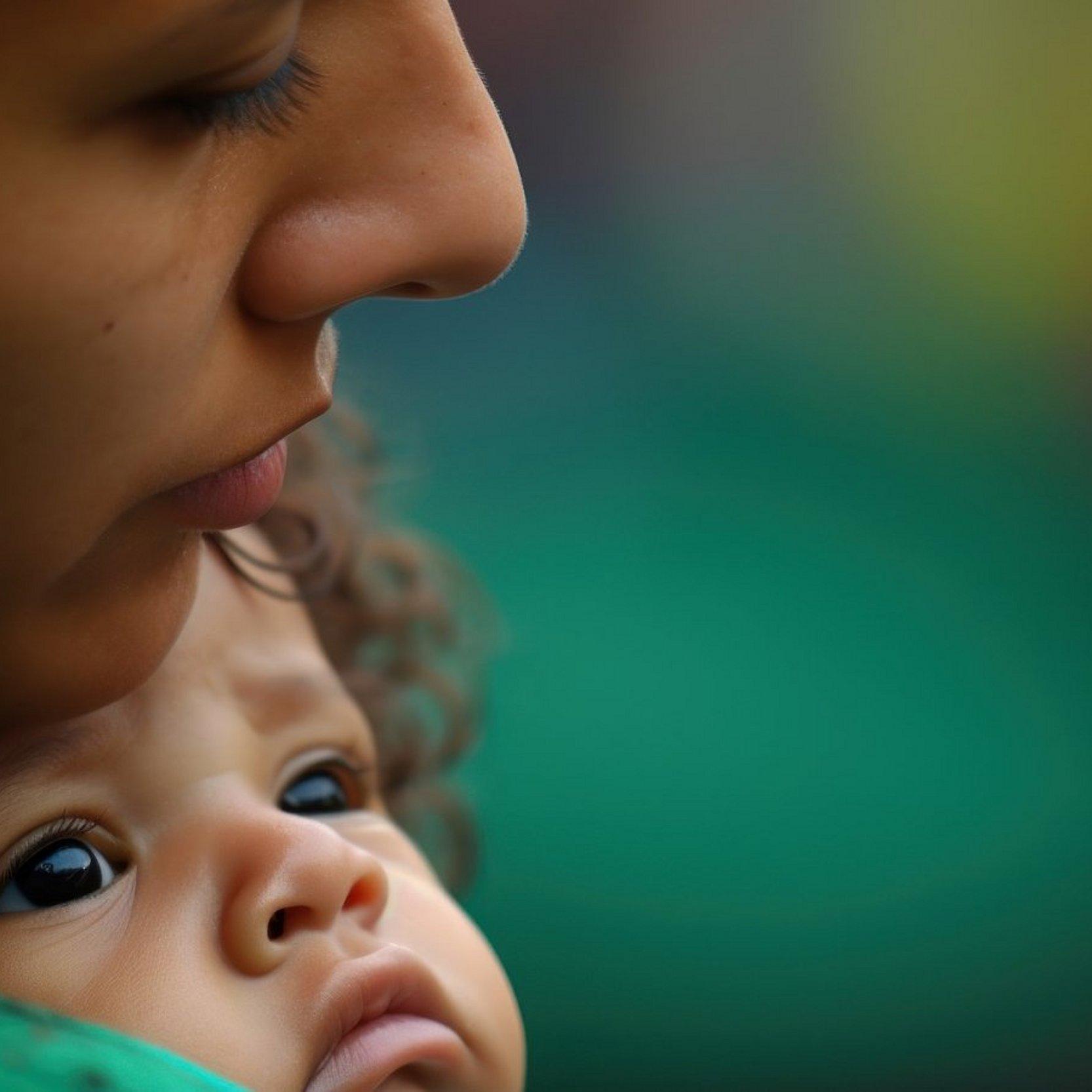 Mutter und Kind Eine Mutter mit sorgenvollem Blick hält ein trauriges Kleinkind im Arm