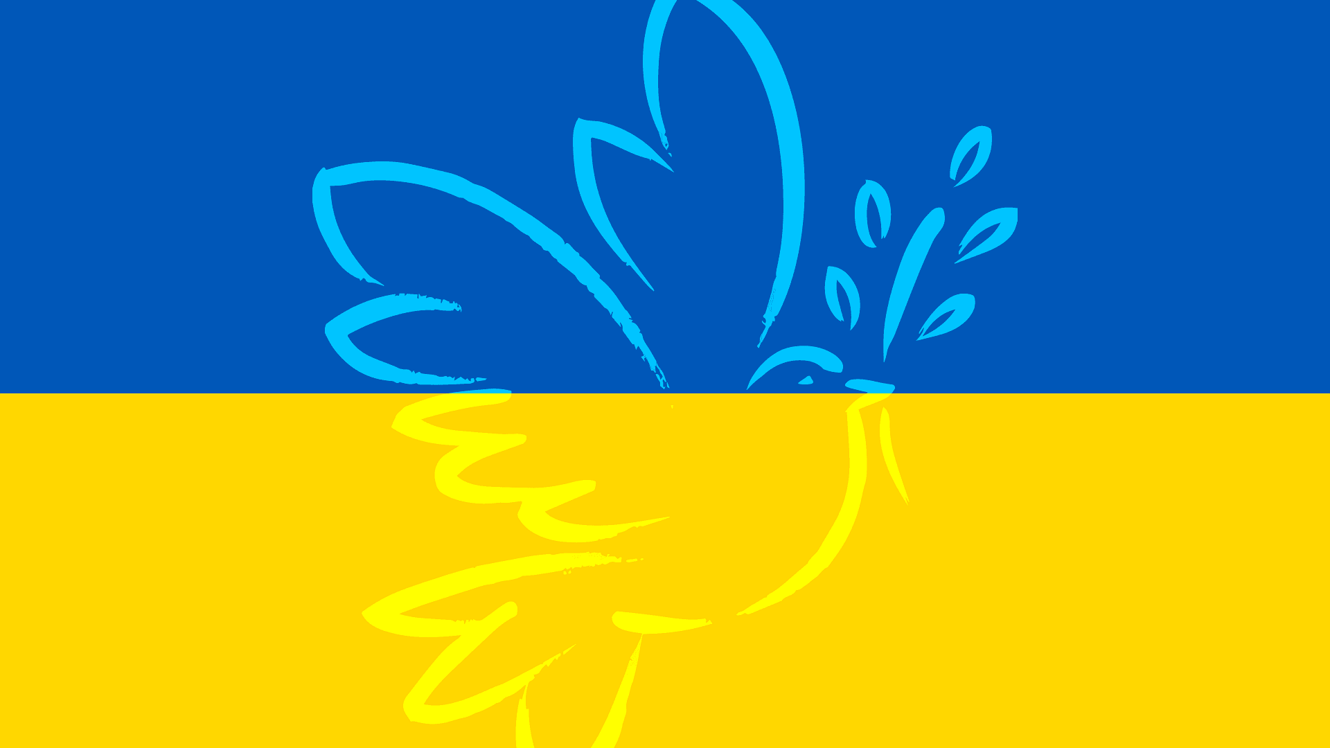 Im Hintergrund die Farben Blau und Gelb der Ukraineflagge, darauf eine Friedenstaube