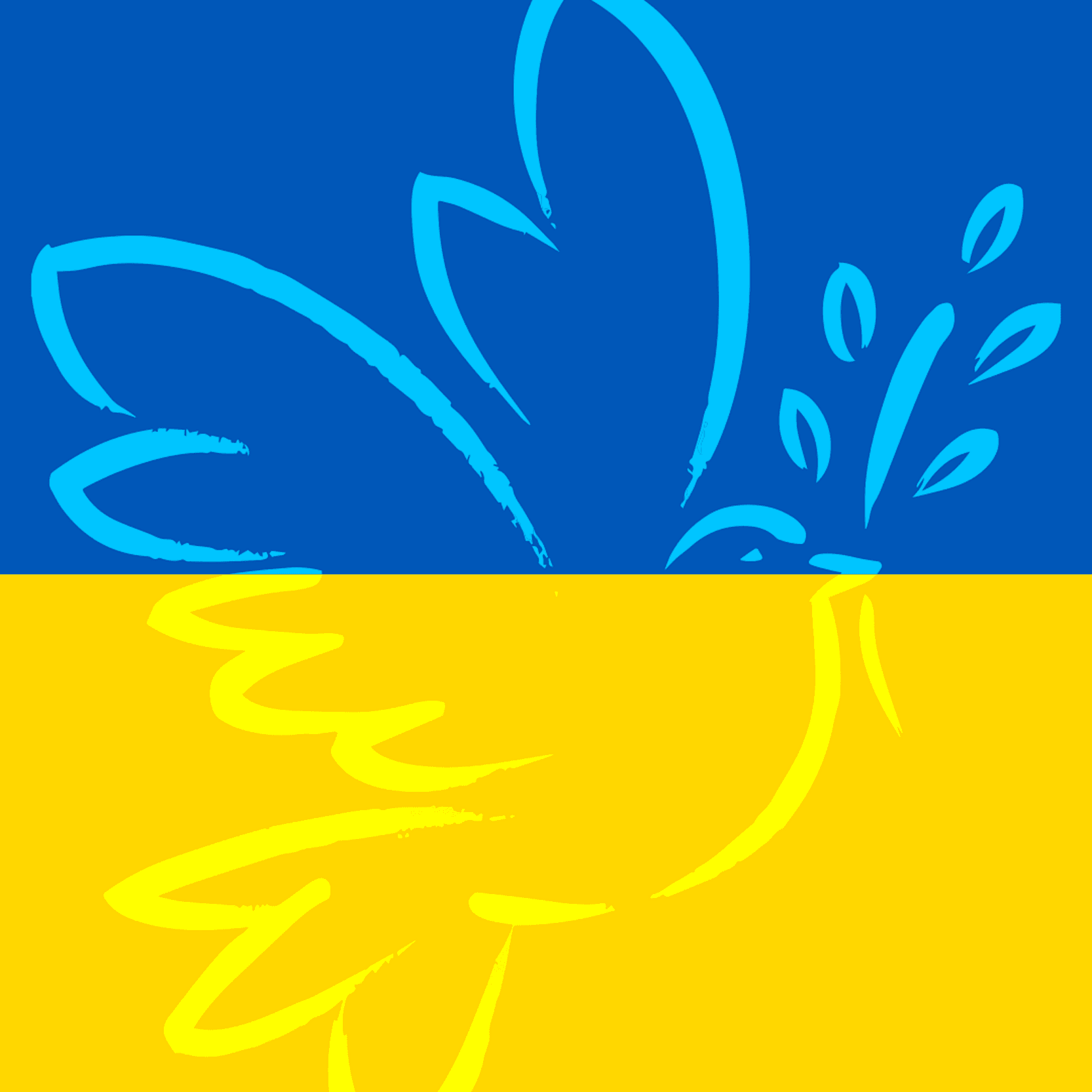 Im Hintergrund die Farben Blau und Gelb der Ukraineflagge, darauf eine Friedenstaube