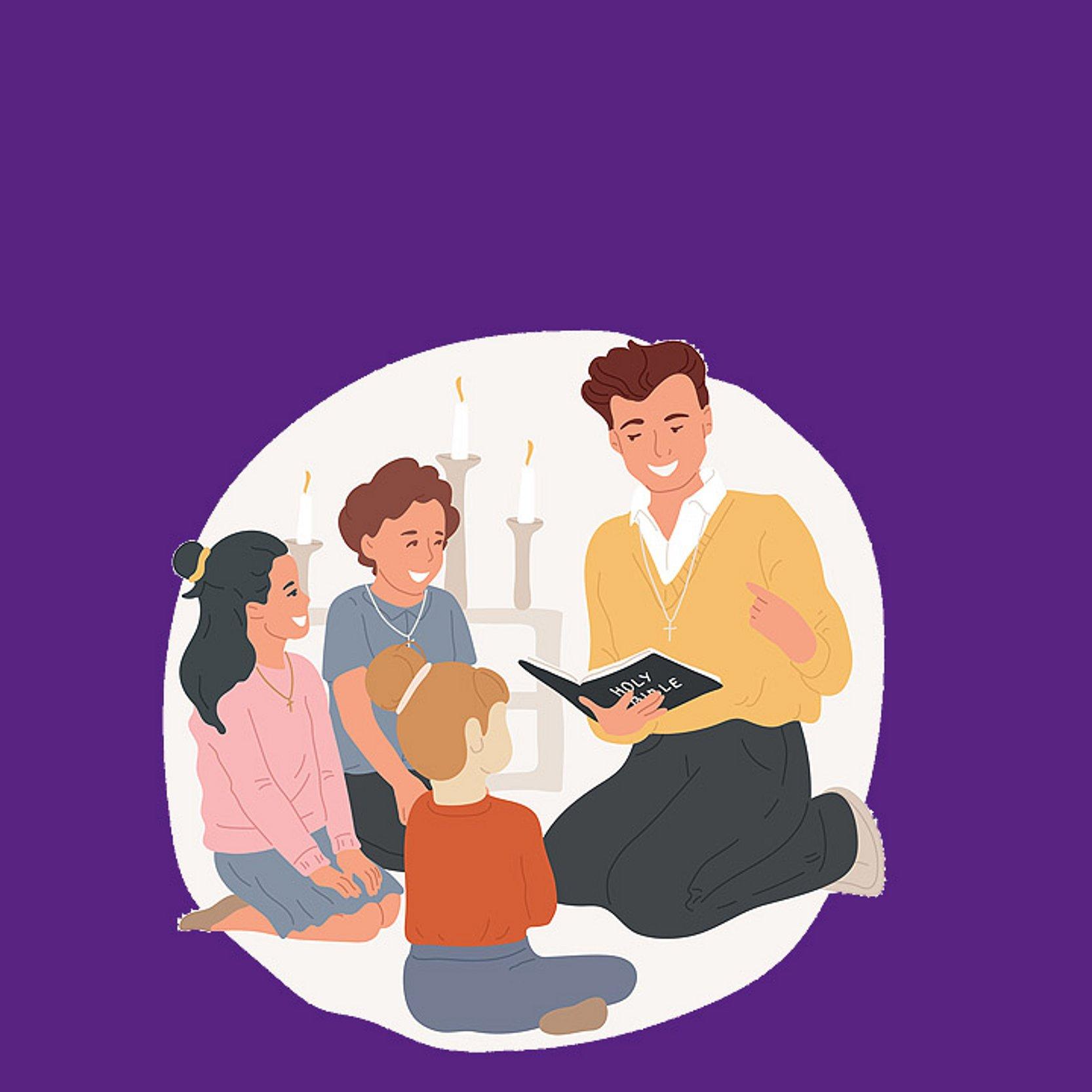 Kindergottesdienst Kinder sitzen um einen jungen Mann herum