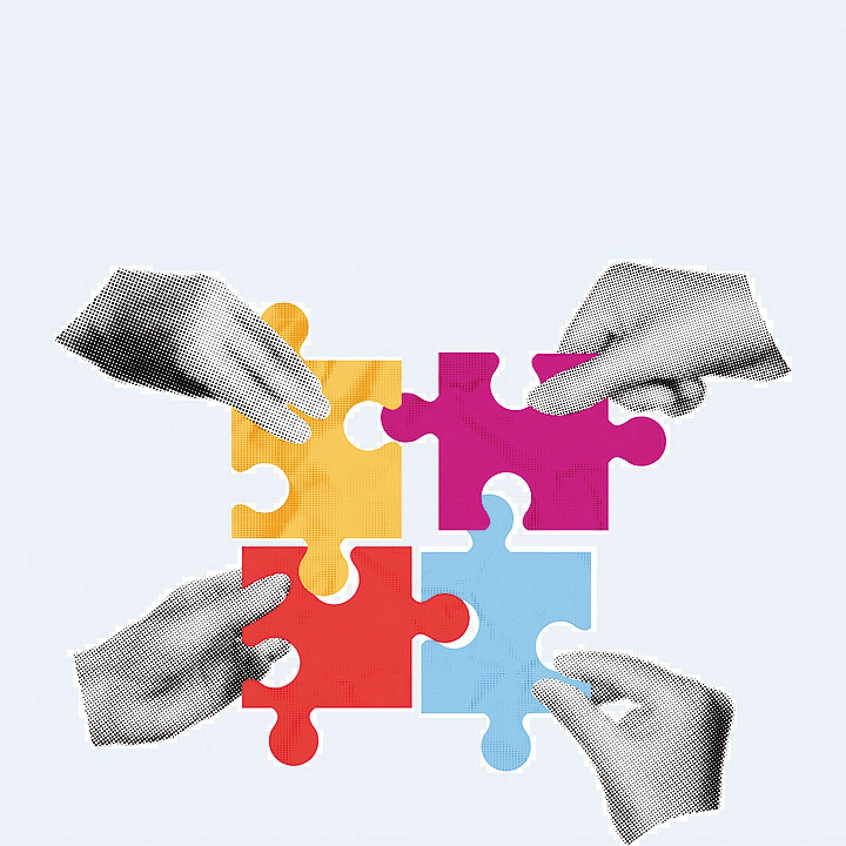 Gemeinsam Grafik: Vier Hände legen vier Puzzleteile zusammen