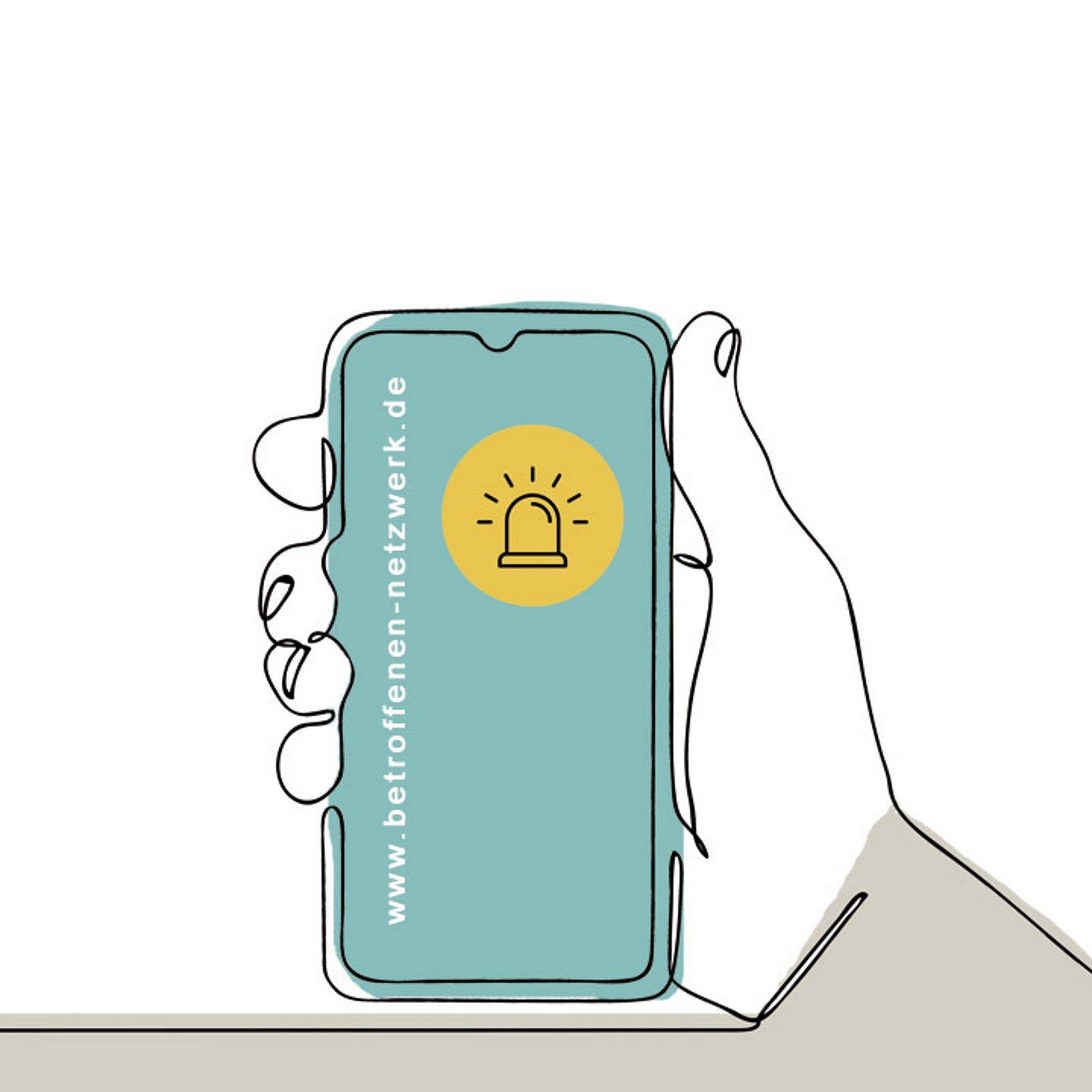 Vernetzungsplattform Ein gezeichnetes Smartphone mit der Webadresse www.betroffenen-netzwerk.de