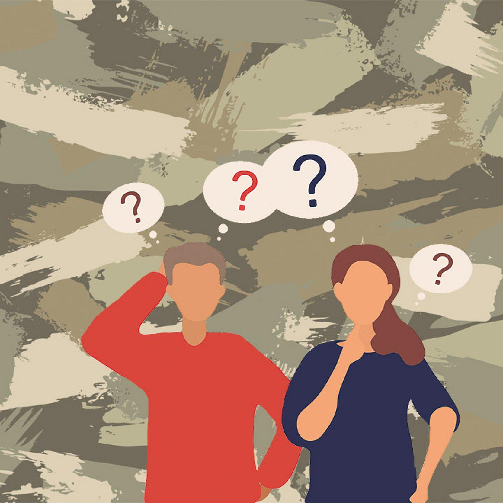 Wehrdienst Grafik: Ein junger Mann und eine junge Frau mit Fragezeichen in Gedankenblasen, dahinter ein Camouflage-Muster