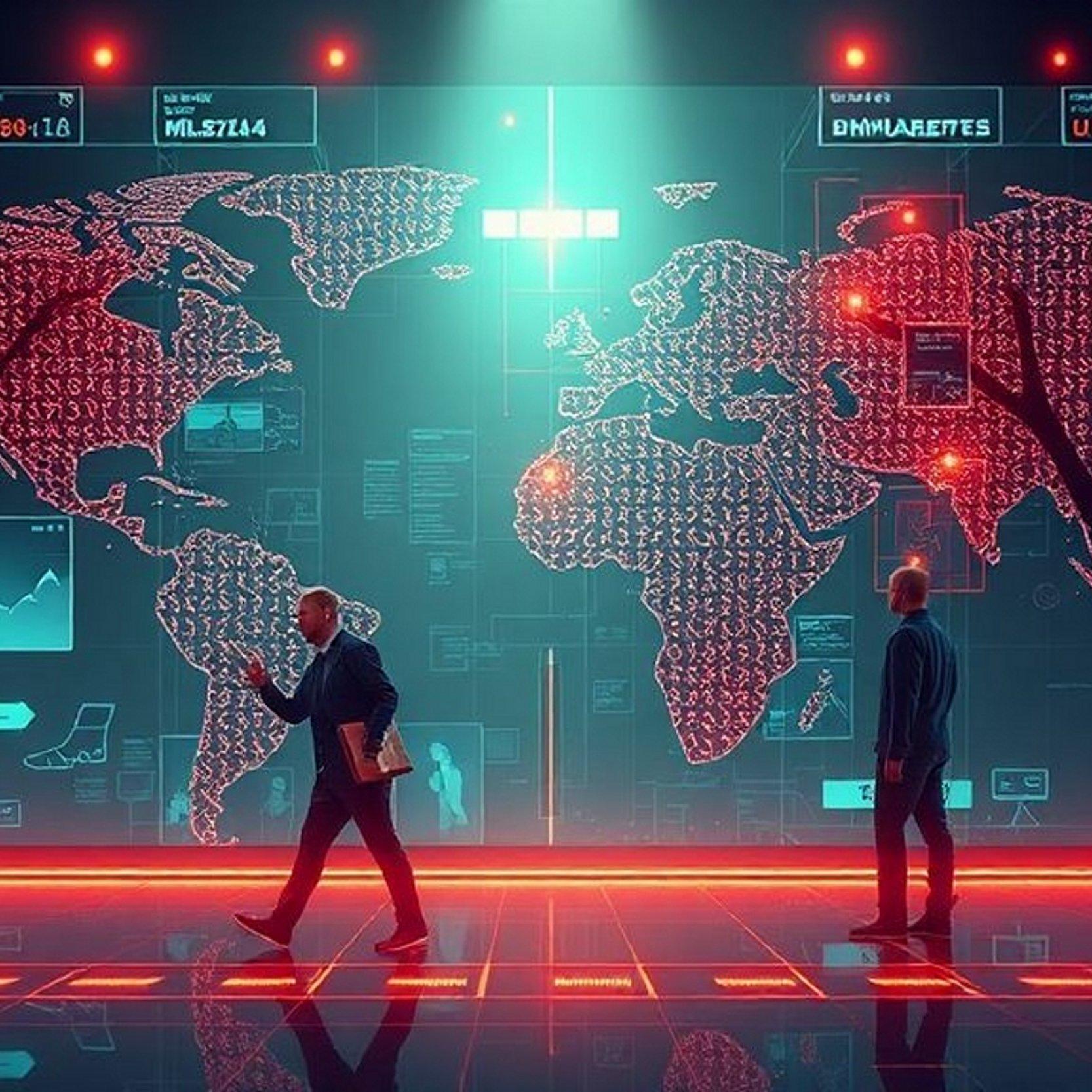 Bild KI-erzeugt Reihe Stadtakademie Mehrere Personen stehen und gehen in einem modernen, futuristischen Raum mit einer großen digitalen Weltkarte an der Wand. Die Karte leuchtet in Rot und zeigt Datenmuster, Diagramme und geografische Informationen. Im Vordergrund diskutieren und arbeiten Menschen mit Tablets und Dokumenten. Der Raum ist in blau-rotes Licht getaucht und vermittelt den Eindruck eines technologischen Kontrollzentrums oder Datenanalyse-Labors.