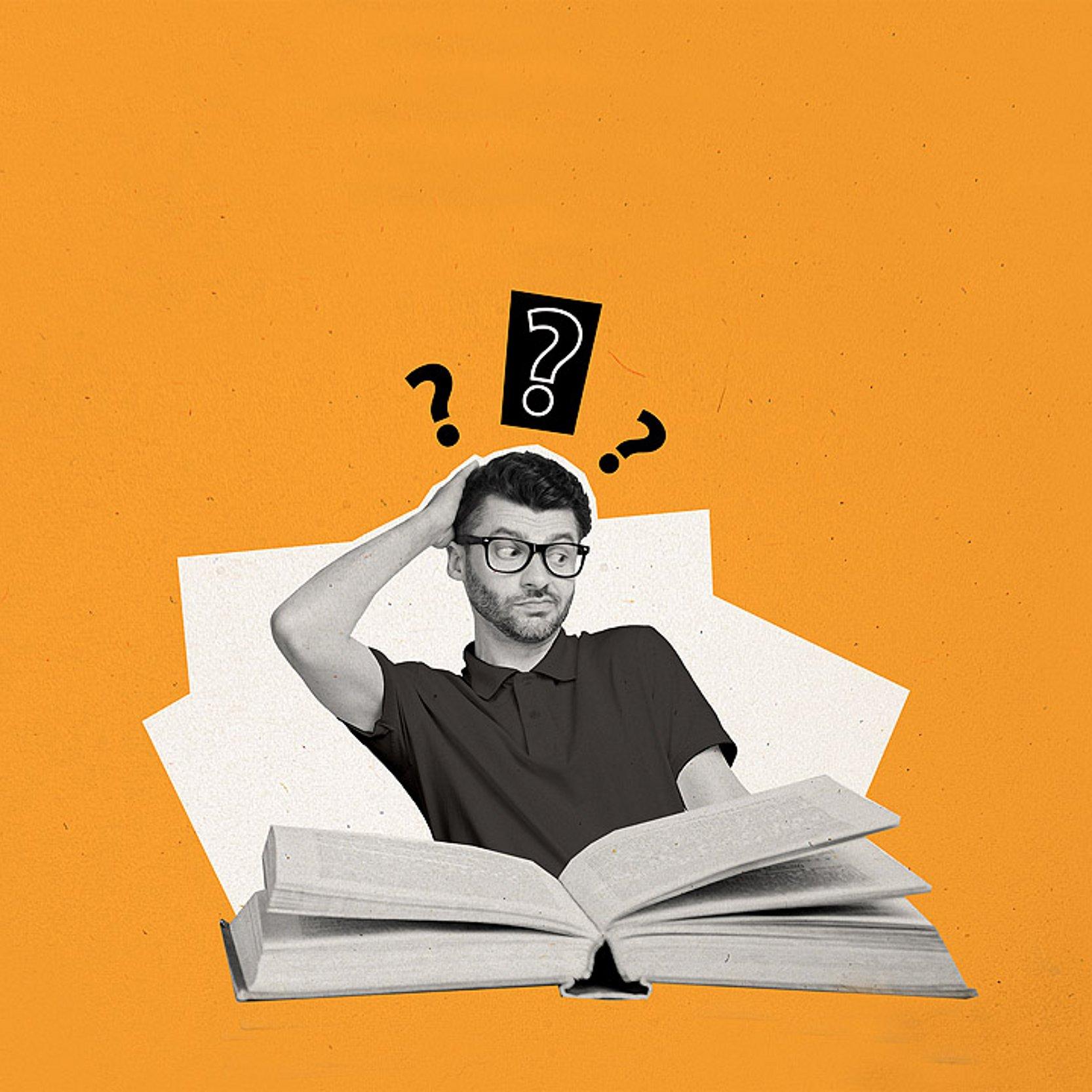 Glaubenszweifel Ein zweifelnder Mann sitzt über einem dicken Buch