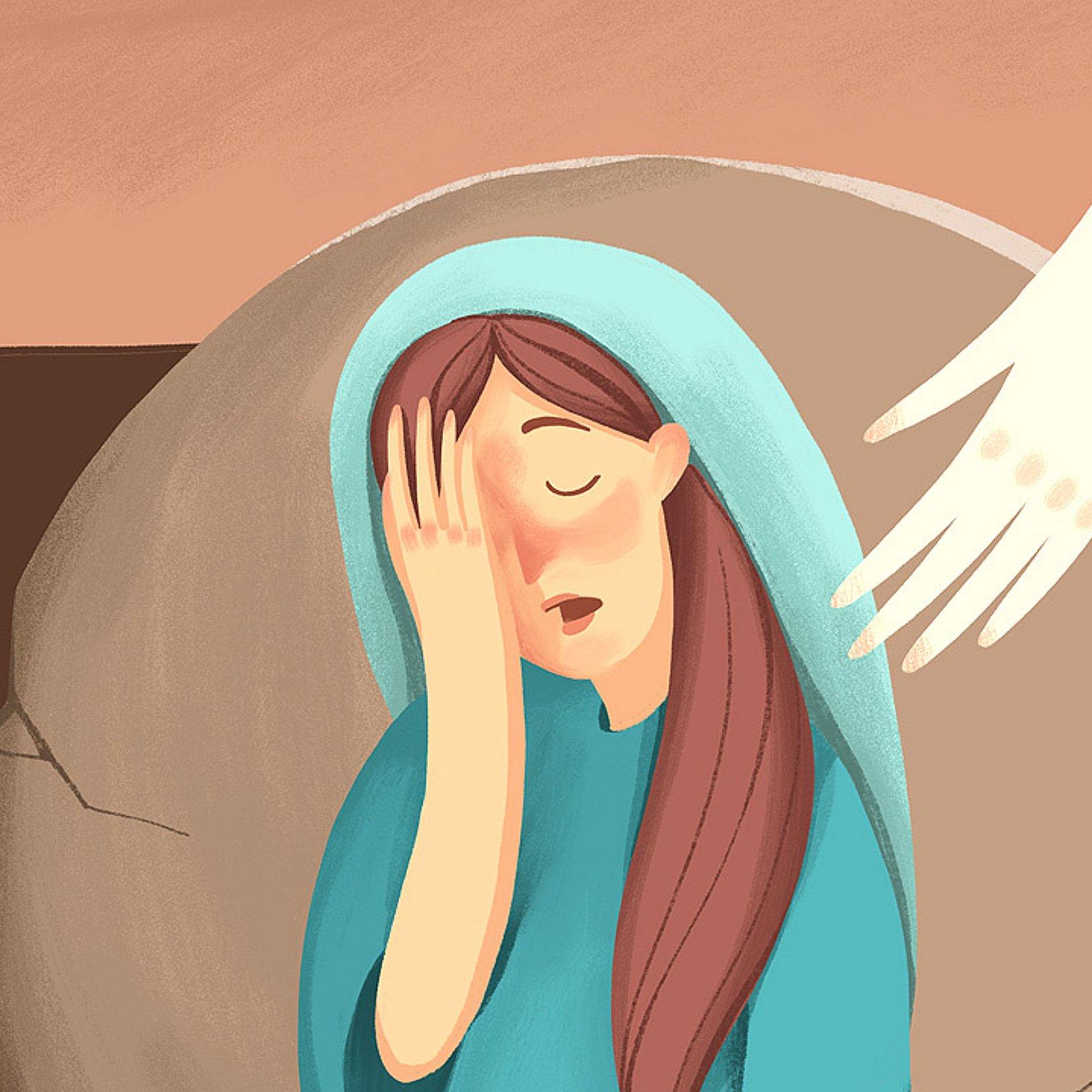 Ostern - leeres Grab Die Hand des auferstandenen Jesus berührt eine traurige Frau