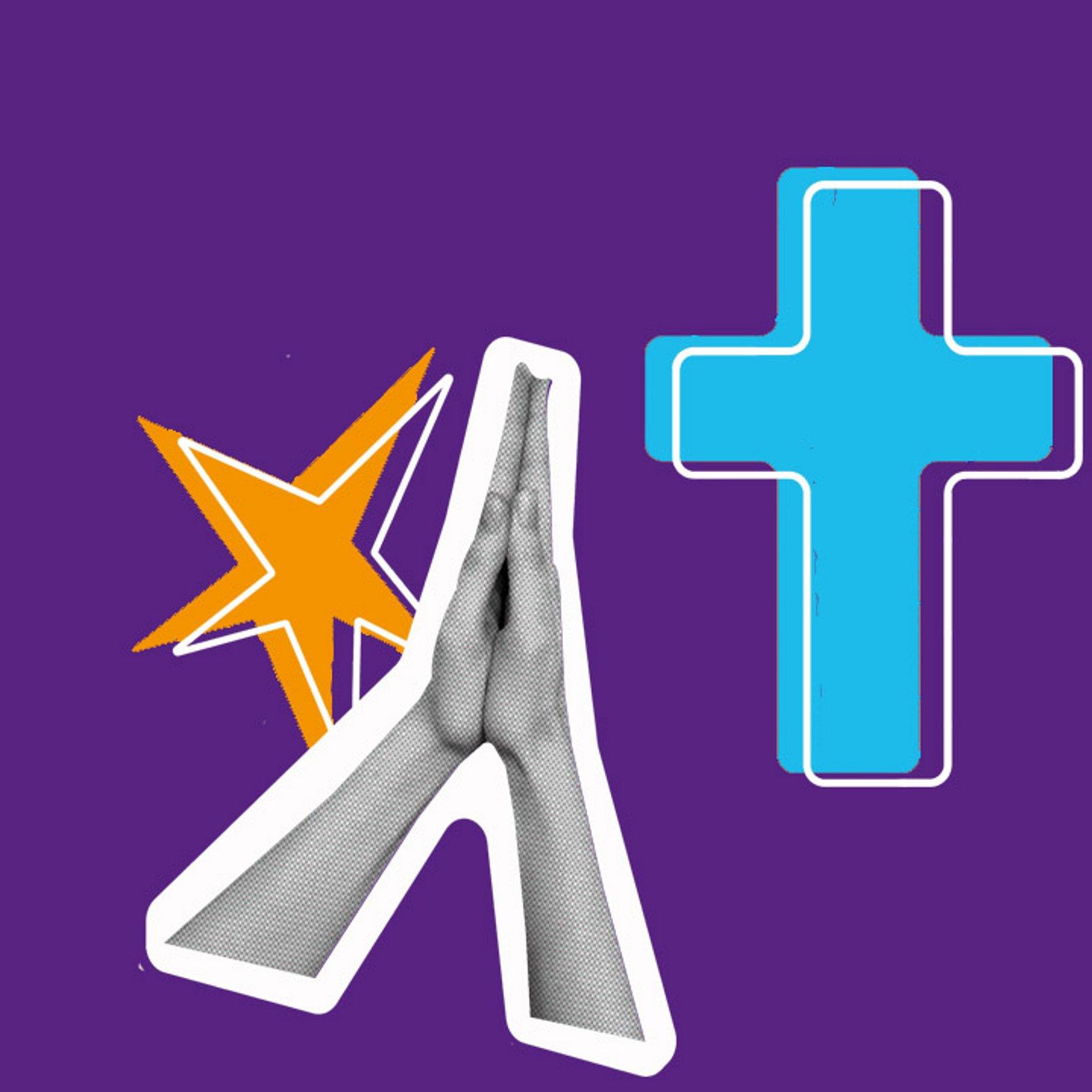 Glaubensgrundlagen Grafik mit betenden Händen, Stern und Kreuz