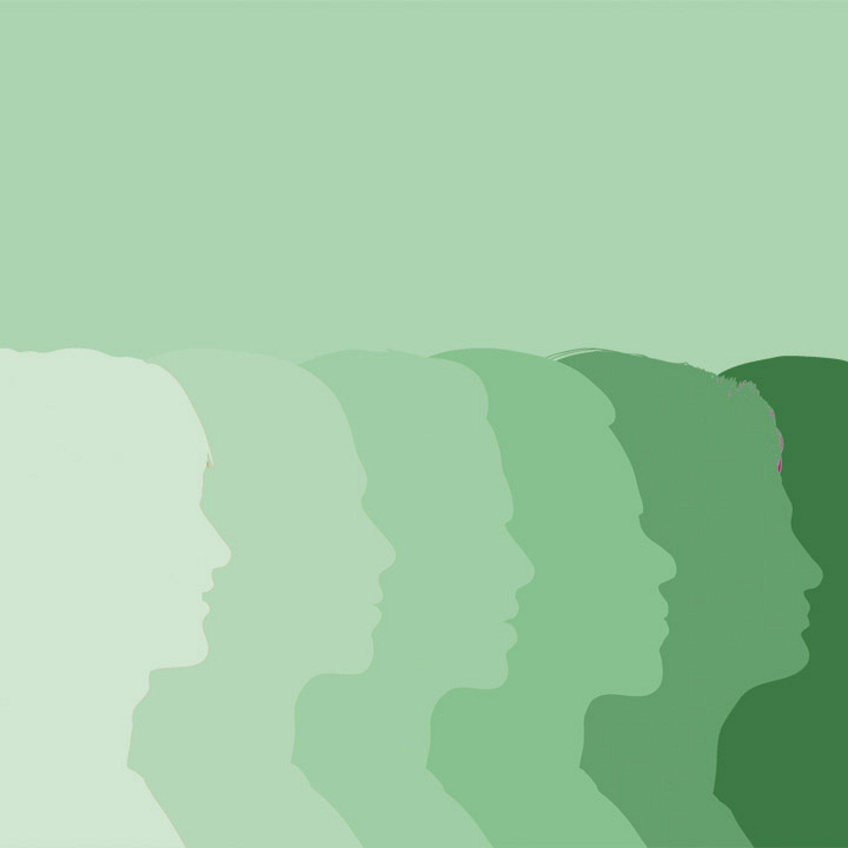 Unabhängige Regionale Aufarbeitungskommissionen Grafik mit Gesichtern im Profil, in grünen Schattierungen